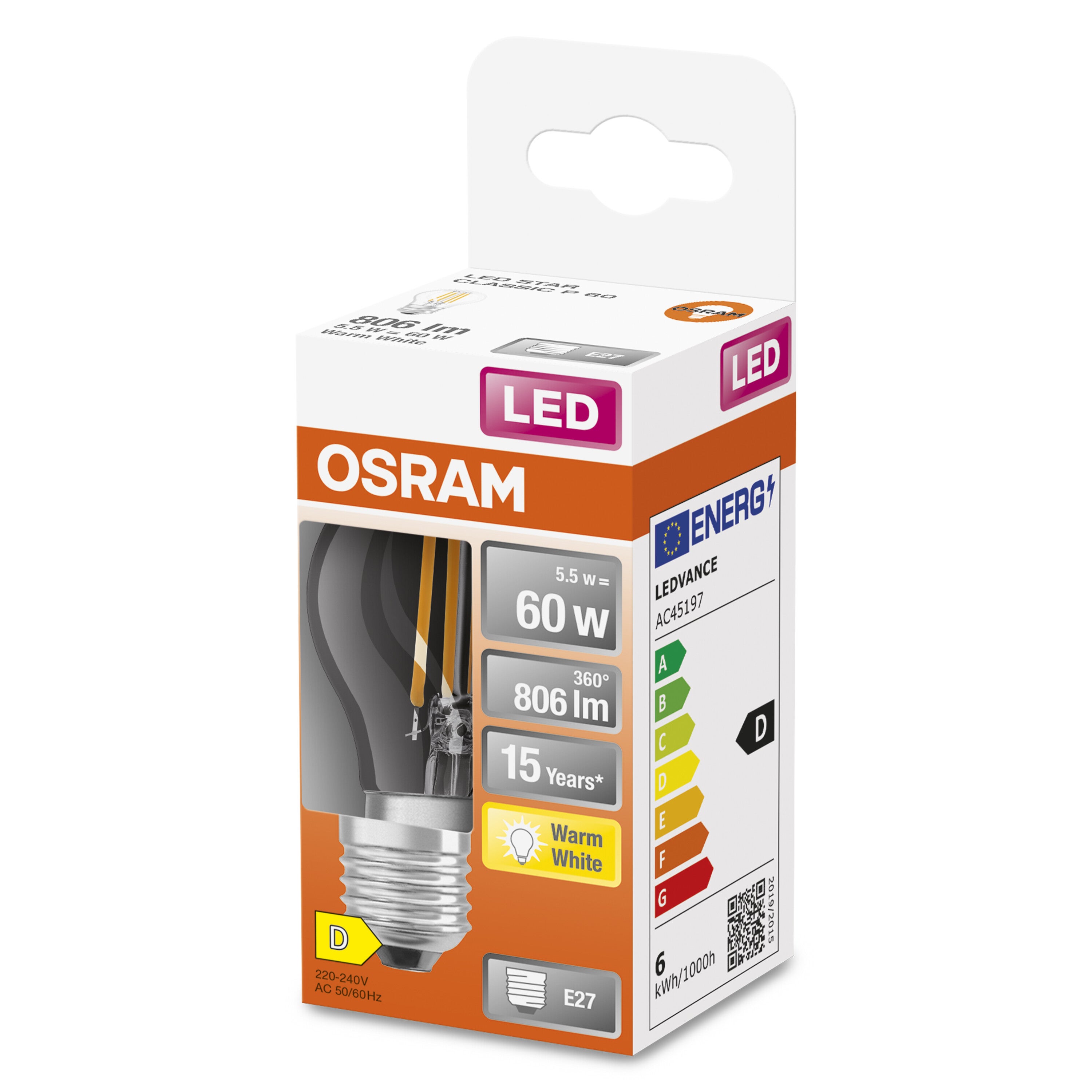 OSRAM Ampoule LED - E27 - Warm White - 2700 K - 6 W - remplacement pour 60-W-Incandescent bulb - LED Retrofit CLASSIC P - 2