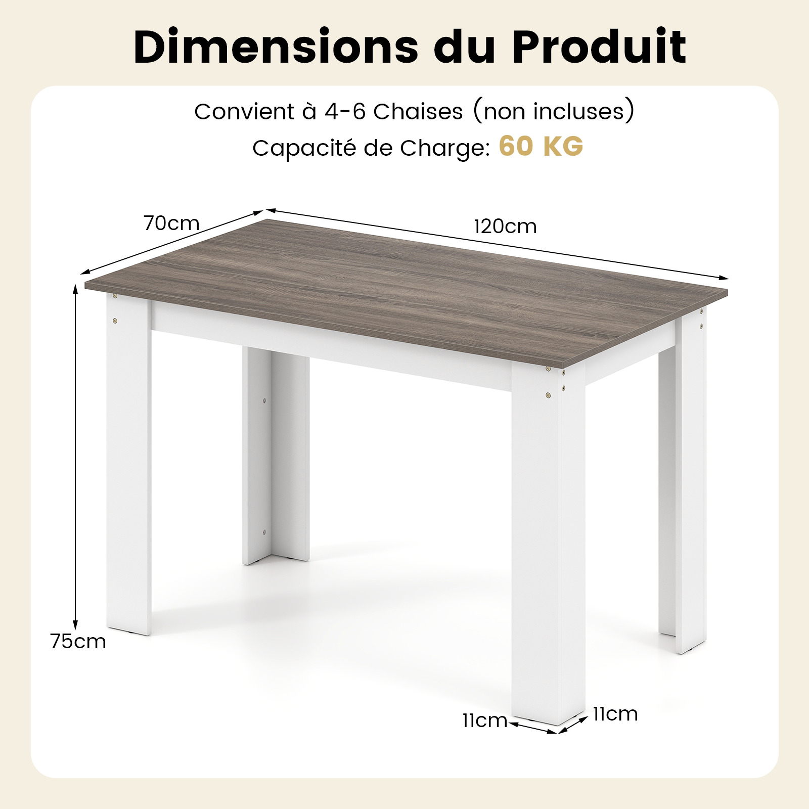 Dywan do jadalni 120 x 70 x 75 cm dla 4 do 6 osób, prostokątny stół o nośności 60 kg do kuchni, jadalni, biały - 3
