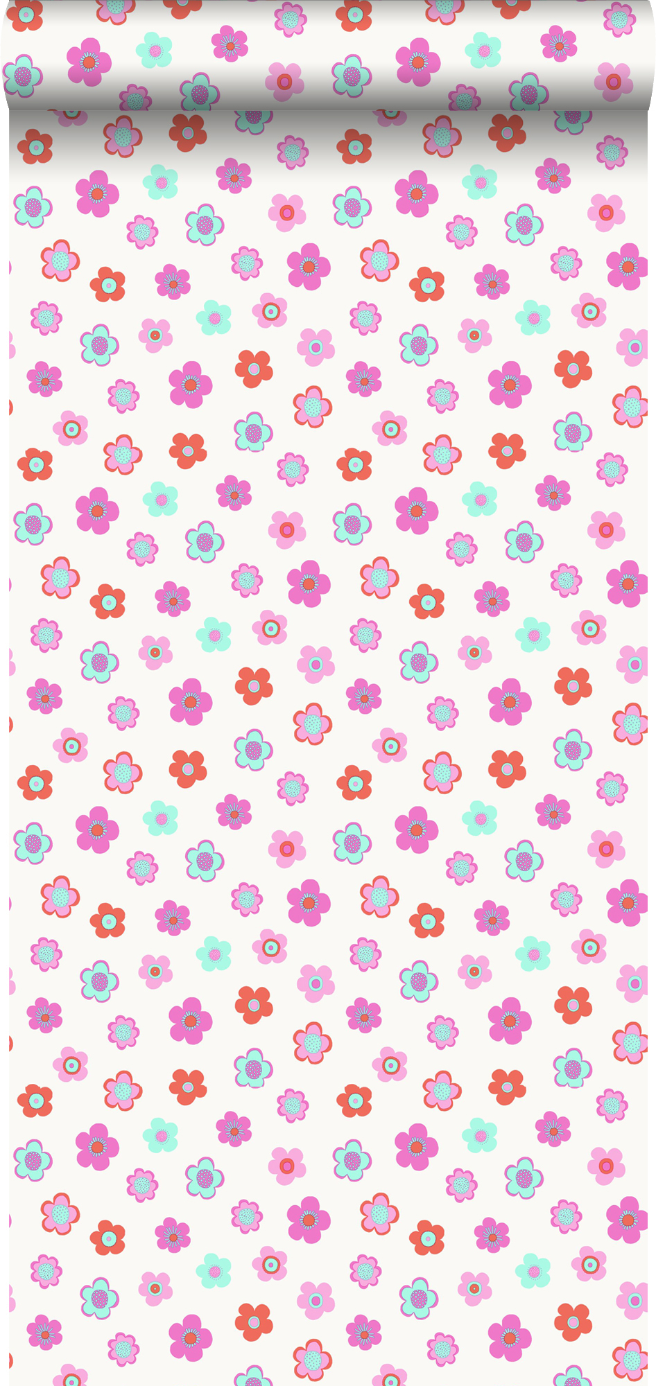 Papel pintado vintage flores rosa, turquesa y rojo coral - 53 cm x 10,05 m - estahome