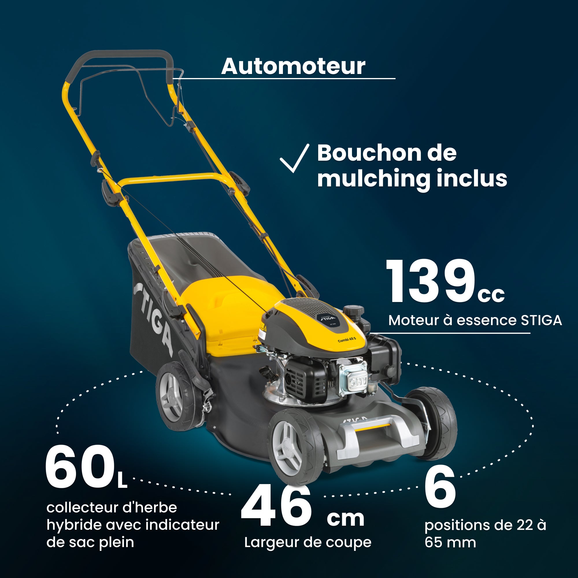 Combi 48 S STIGA Tondeuse automotrice 139cc 46cm bac 60L bouchon mulching - 7
