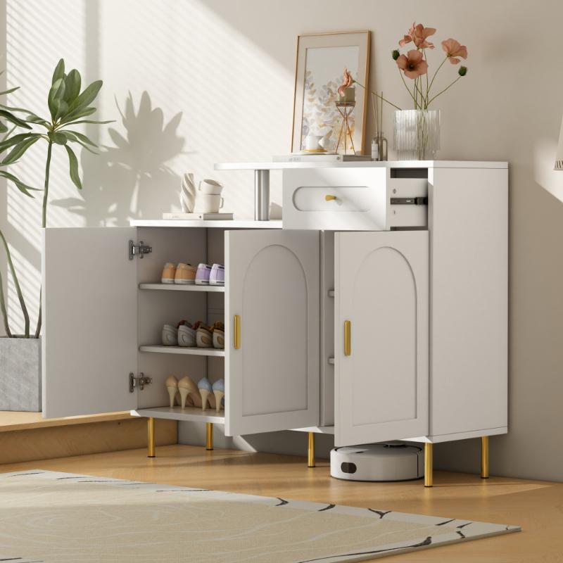 Komoda/Szafka RTV/Szafka na buty z metalowymi uchwytami, 1 szuflada i 3 drzwi, nogi metalowe, kolor biały, 120×92×35 cm