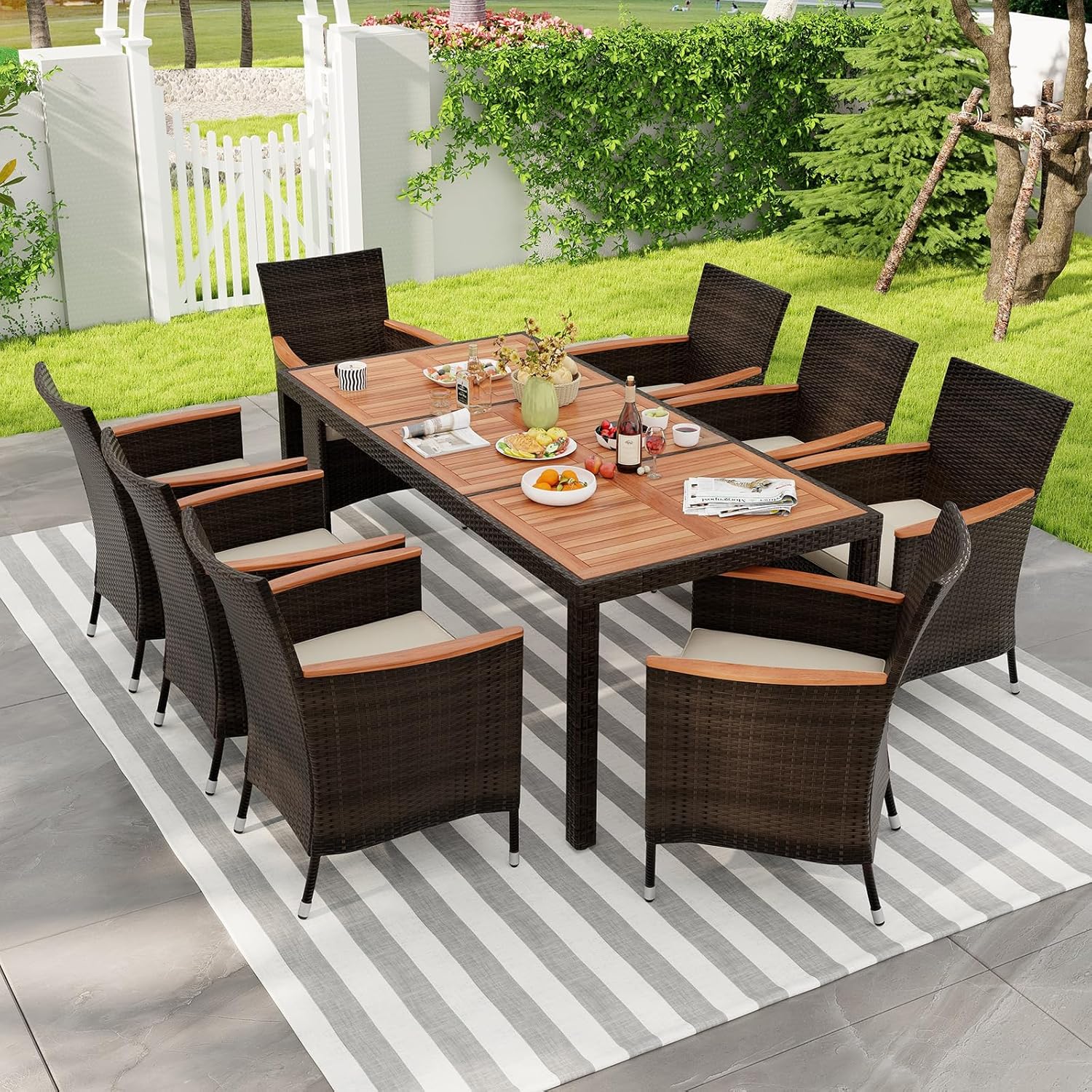 Conjunto de 1 mesa e 8 cadeiras empilháveis, com orifício para guarda-sol, conjunto de móveis de jardim em rattan com braços largos, - 7