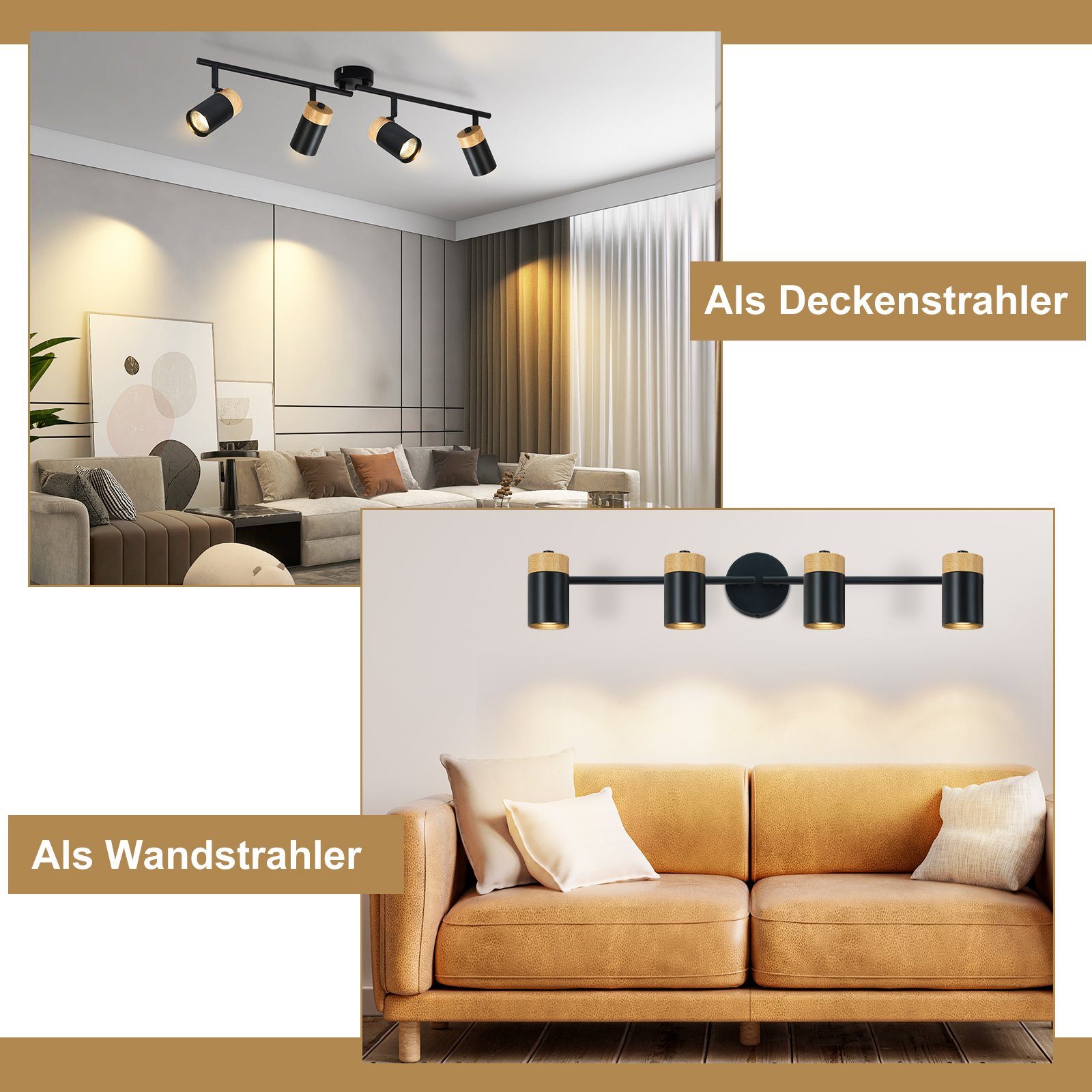 NETTLIFE Plafonnier 4 spots bois GU10 noir orientable 330° pour salon chambre cuisine chambre d'enfant sans ampoule - 4