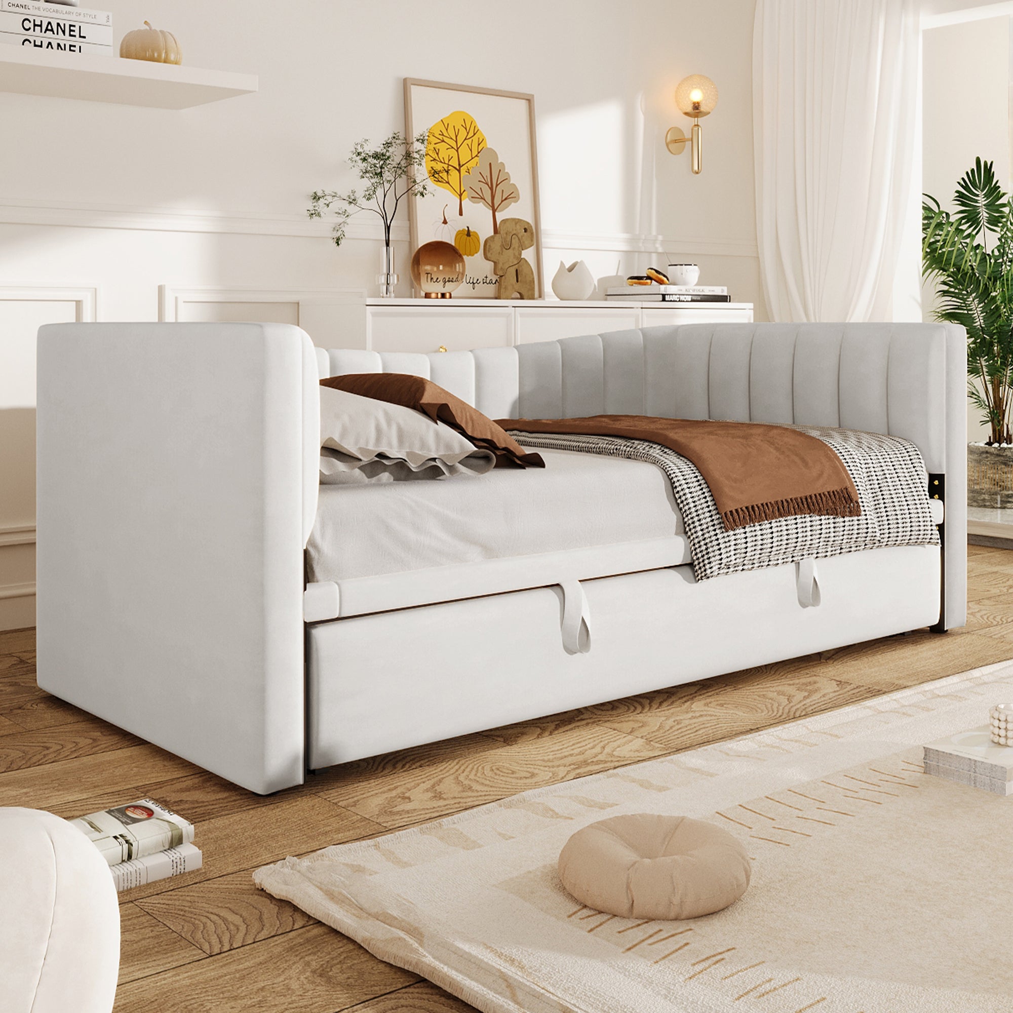 Letto Singolo Estraibile 90x200 Cm, Divano Letto In Lino Grigio Minimalista Con Luce LED - Per Camera Piccola E Stile Moderno