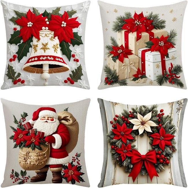 4 Federe Per Cuscini Natalizie 45x45 Cm – Motivo Grinch A Righe, Finto Lino, Decorazioni Casa