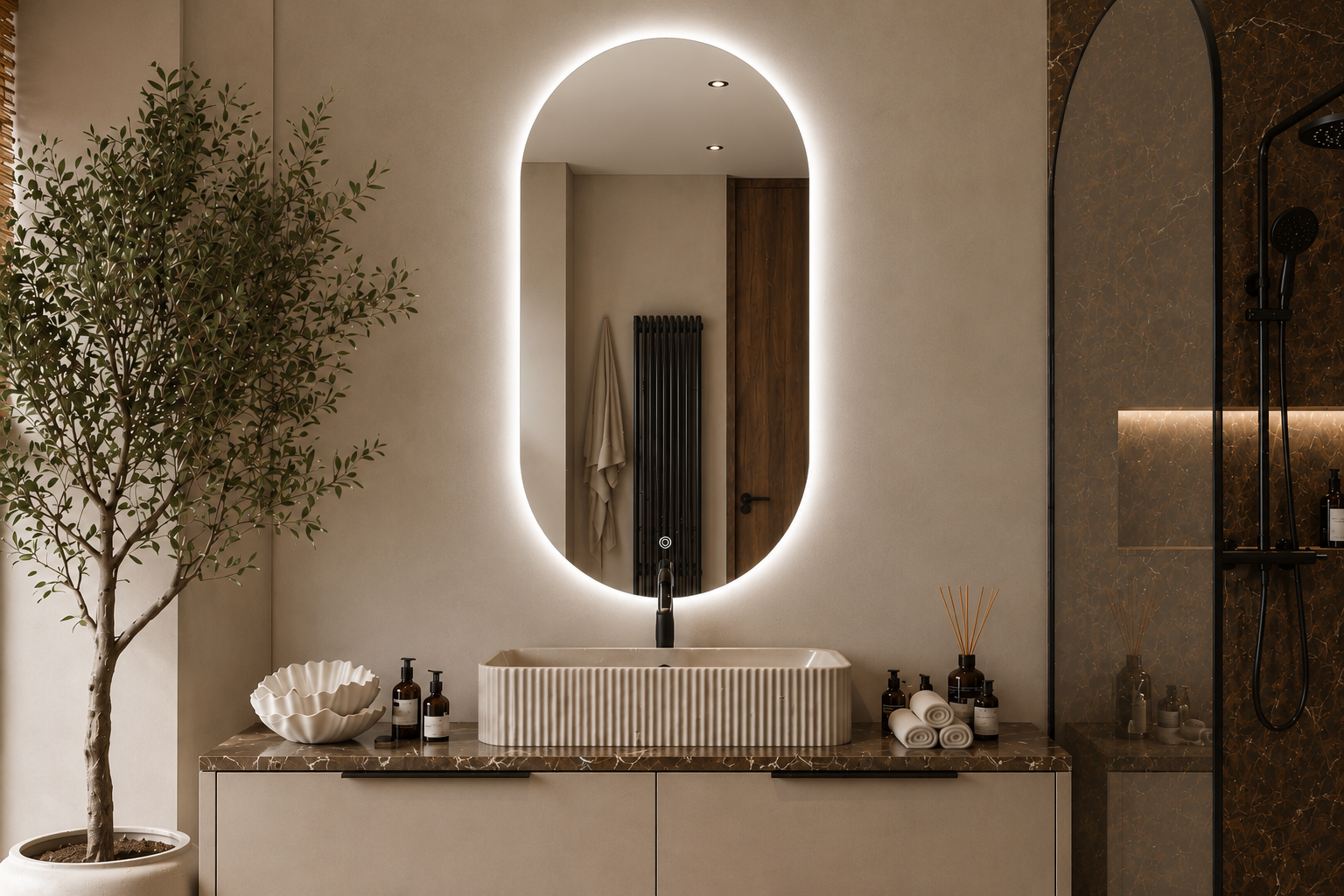 OVAL LINE LED lustro w białej ramie 100 x 50cm z oświetleniem LED
