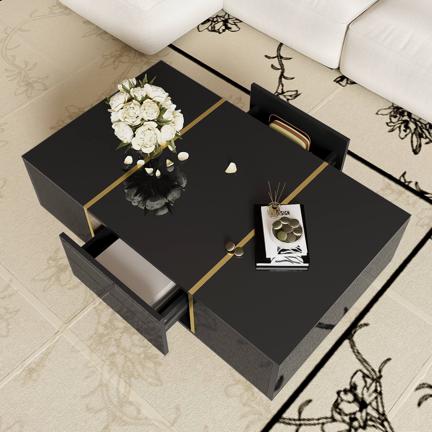 Tavolino da caffè 100×60×41,5 cm con 2 cassetti, piedi dorati, in MDF, nero e oro - 5