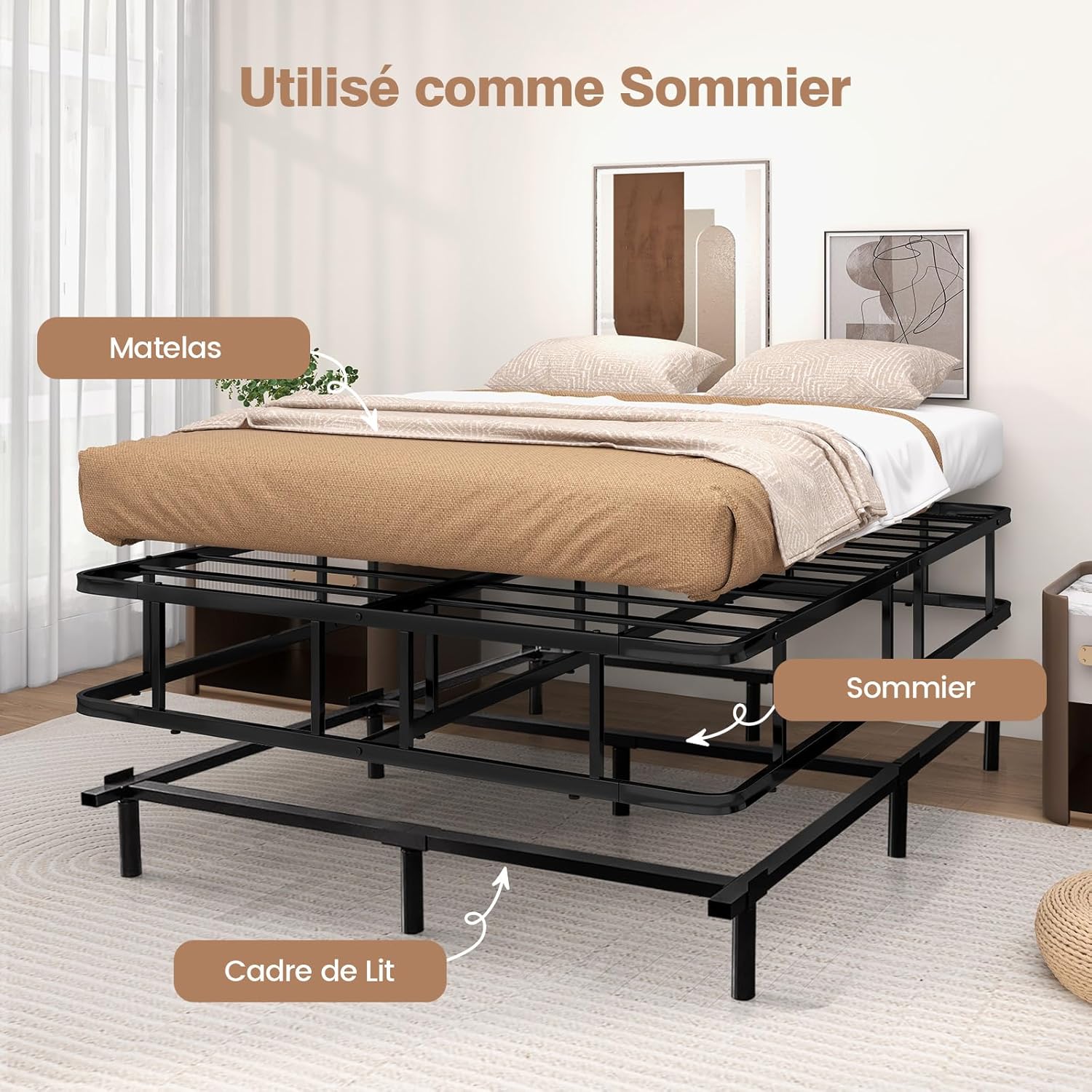 Estrutura de cama de casal 140x200 cm com ripas, cama plataforma de metal tamanho queen para adultos, fácil montagem, carga de 300 kg - 7