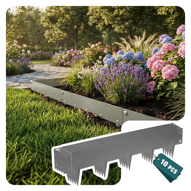 Lot de 10 Bordure de jardin en métal galvanisé 106x18cm gris - épaisseur 1.5mm - clôture flexible et résistante 10M - VOUNOT®