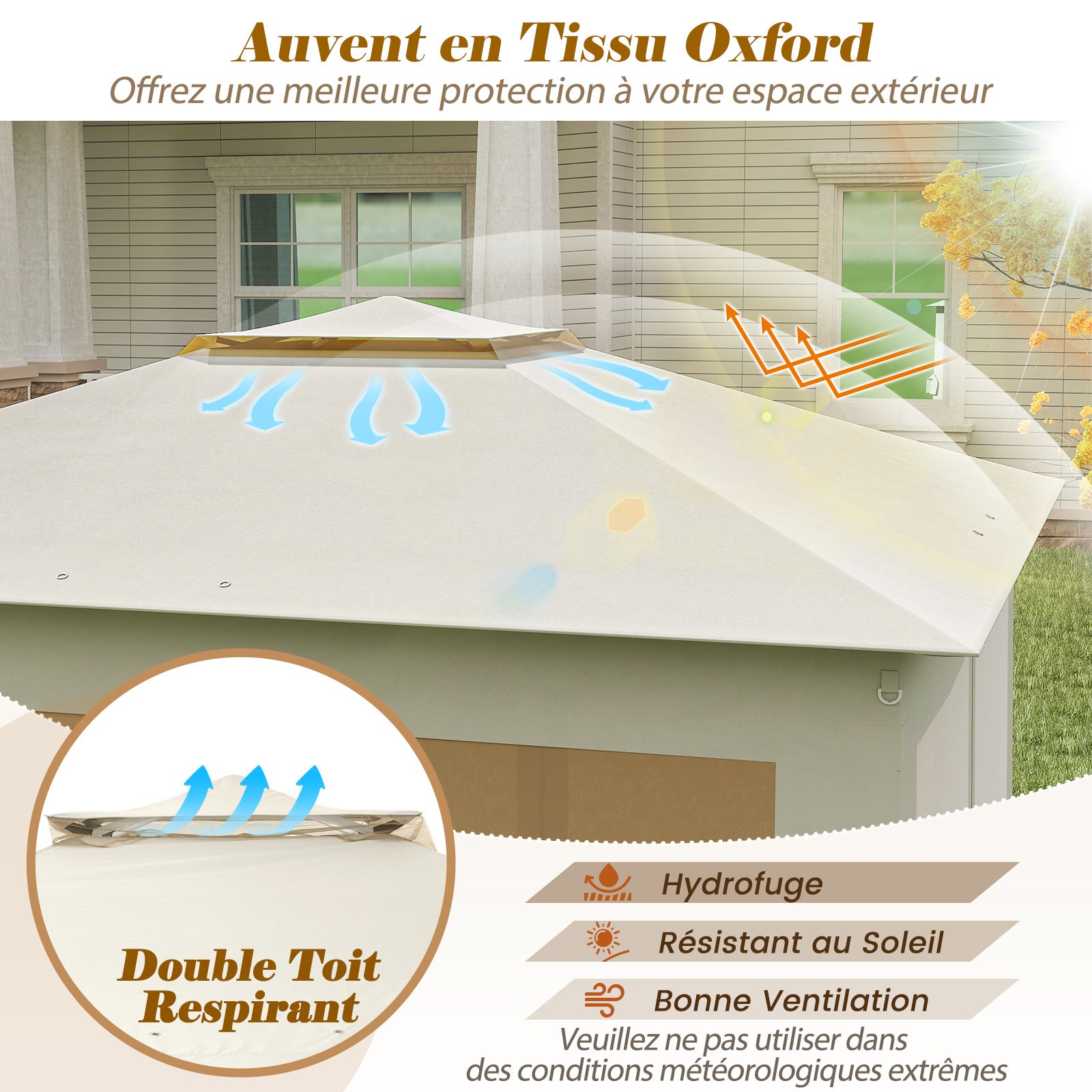 Tonnelle de Jardin 337 x 337 CM avec Filet en Maille 4 Côtés, Tente de Réception à Double Toit avec Sac de Transport Protection Solaire, Beige - 6