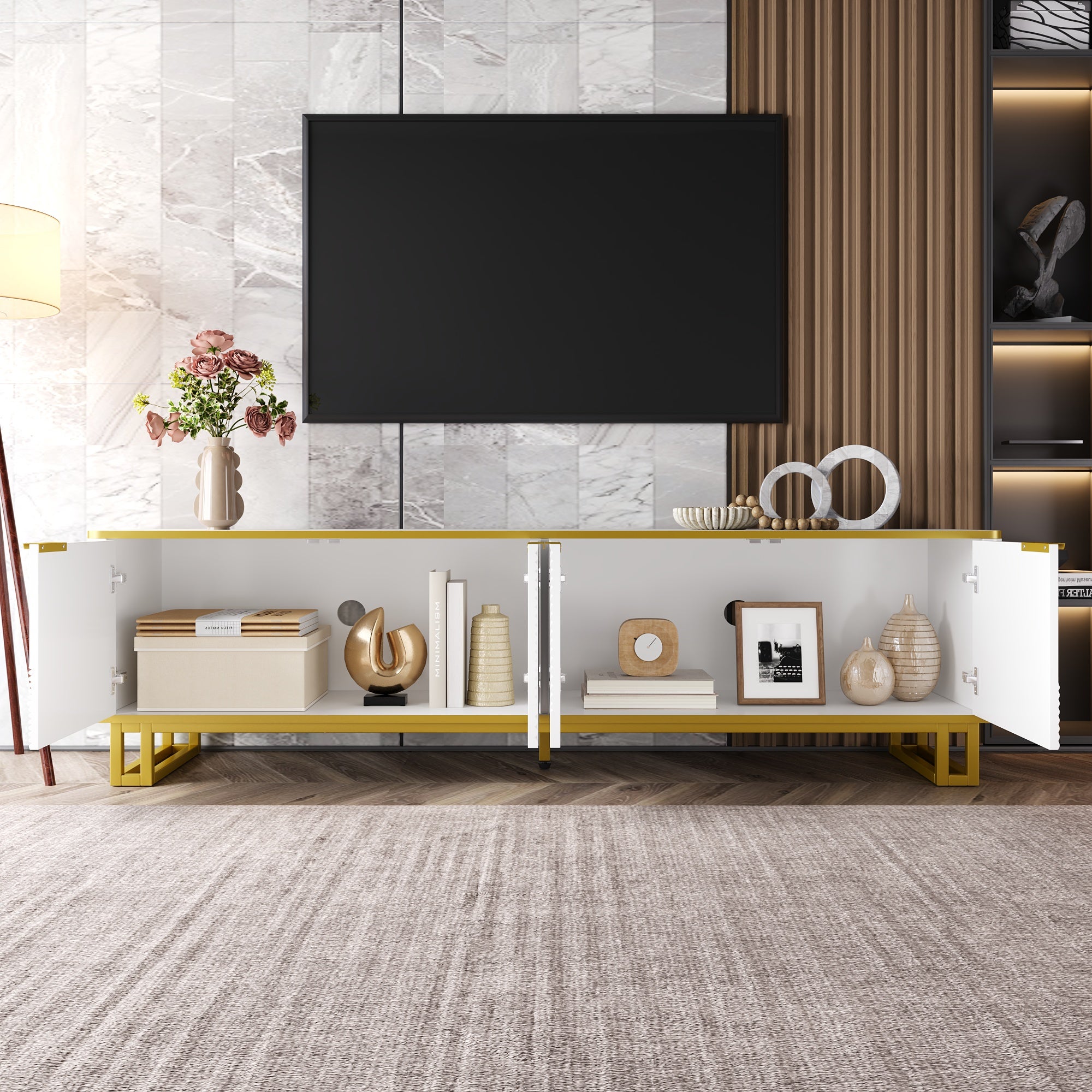 Nowoczesna szafka RTV 160 x 37,5 x 48 cm - Z 4 drzwiami - Żelazna rama - Geometryczna faktura - Płyta MDF - Biały + Złoty - 3