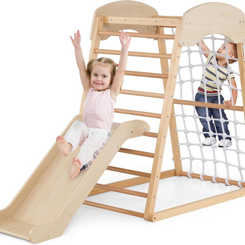 4 w 1 Trójkąt wspinaczkowy Montessori Dzieci od 1 roku życia z zjeżdżalnią, placem zabaw do wspinaczki z siatką i drabinką, nośność 50 kg, naturalny