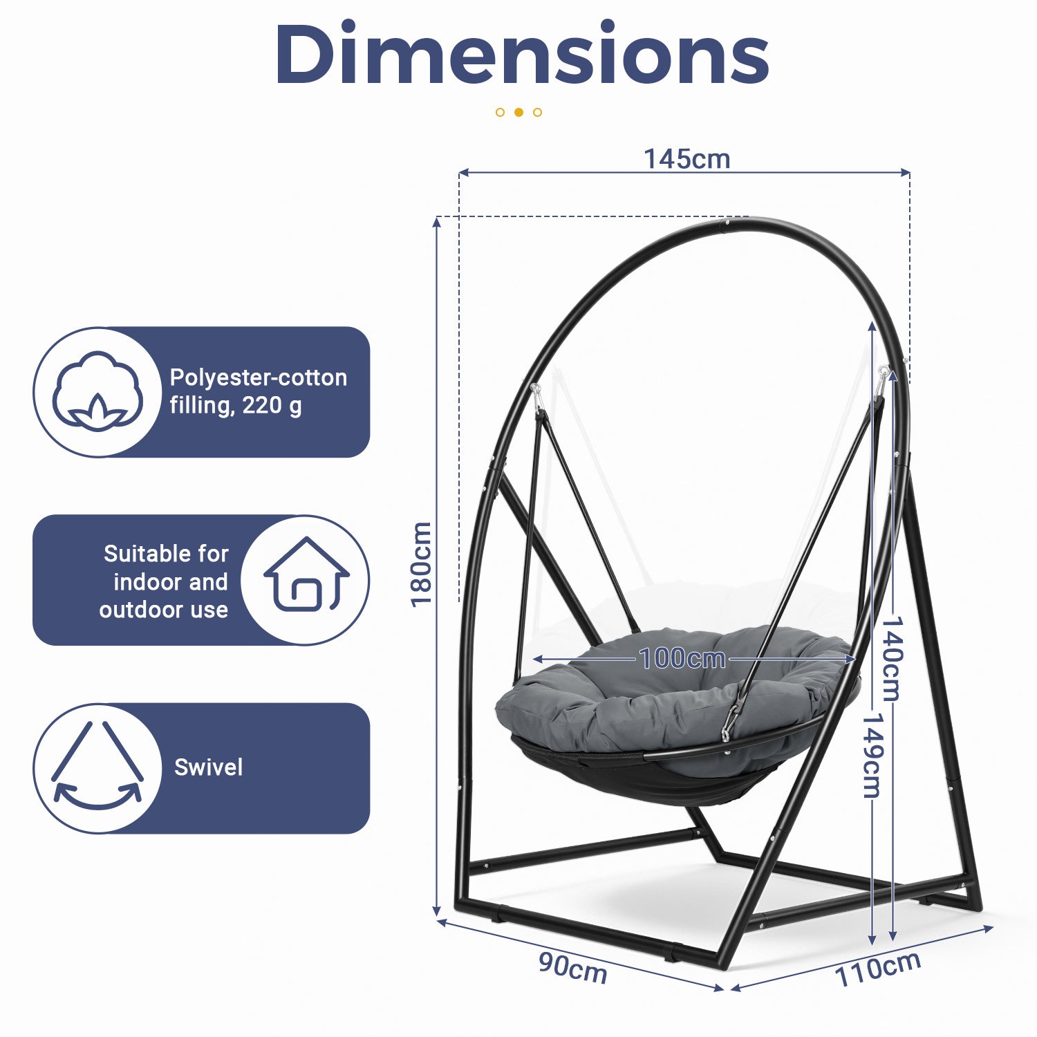 Poltrona suspensa Balancelle ajustável – Estrutura em aço, estofamento em esponja, capacidade para 150 kg – Mobiliário de jardim e sala de estar - 2