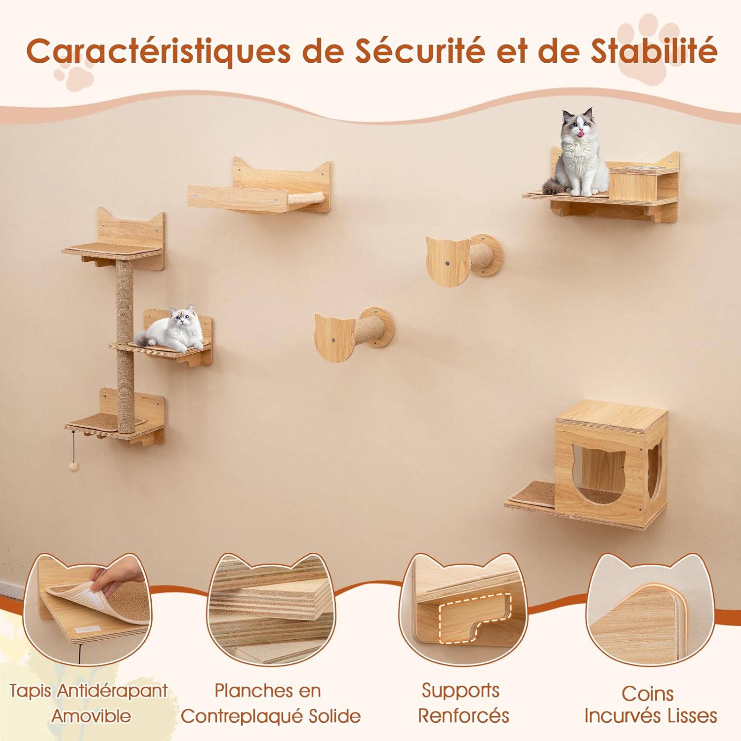 Arbre a Chat Mural en Bois, 6 Pcs Parcours Chat, Hamac, Condo, Plateforme avec 2 Gamelles, Tour pour Chaton à 3 Niveaux, 3 Marches - 9