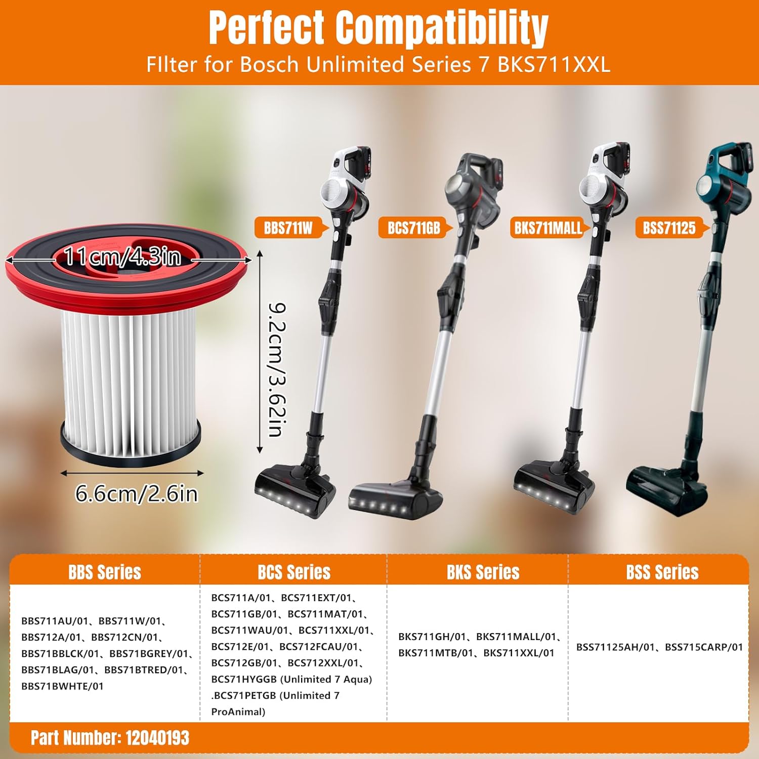 Lot de 2 filtres 12040193 pour aspirateur sans fil Bosch Unlimited Serie 7 BKS711XXL BBS711W BBS712A BCS711GB BKS711MALL, filtre HEPA lavable - 2