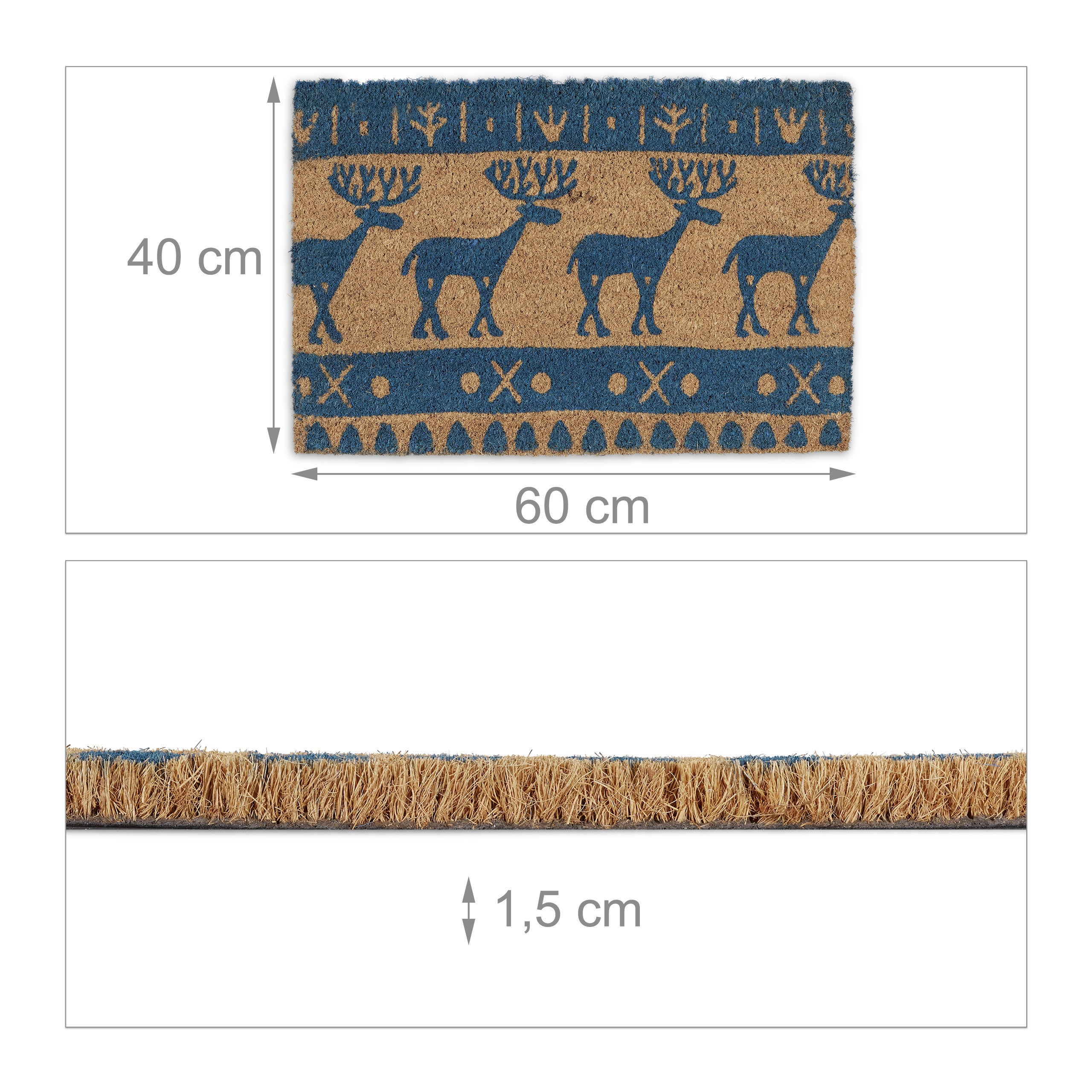 Relaxdays Paillasson coco, Noël, renne, 60x40 cm, tapis d’entrée pour intérieur et extérieur, antidérapant, bleu/nature - 4
