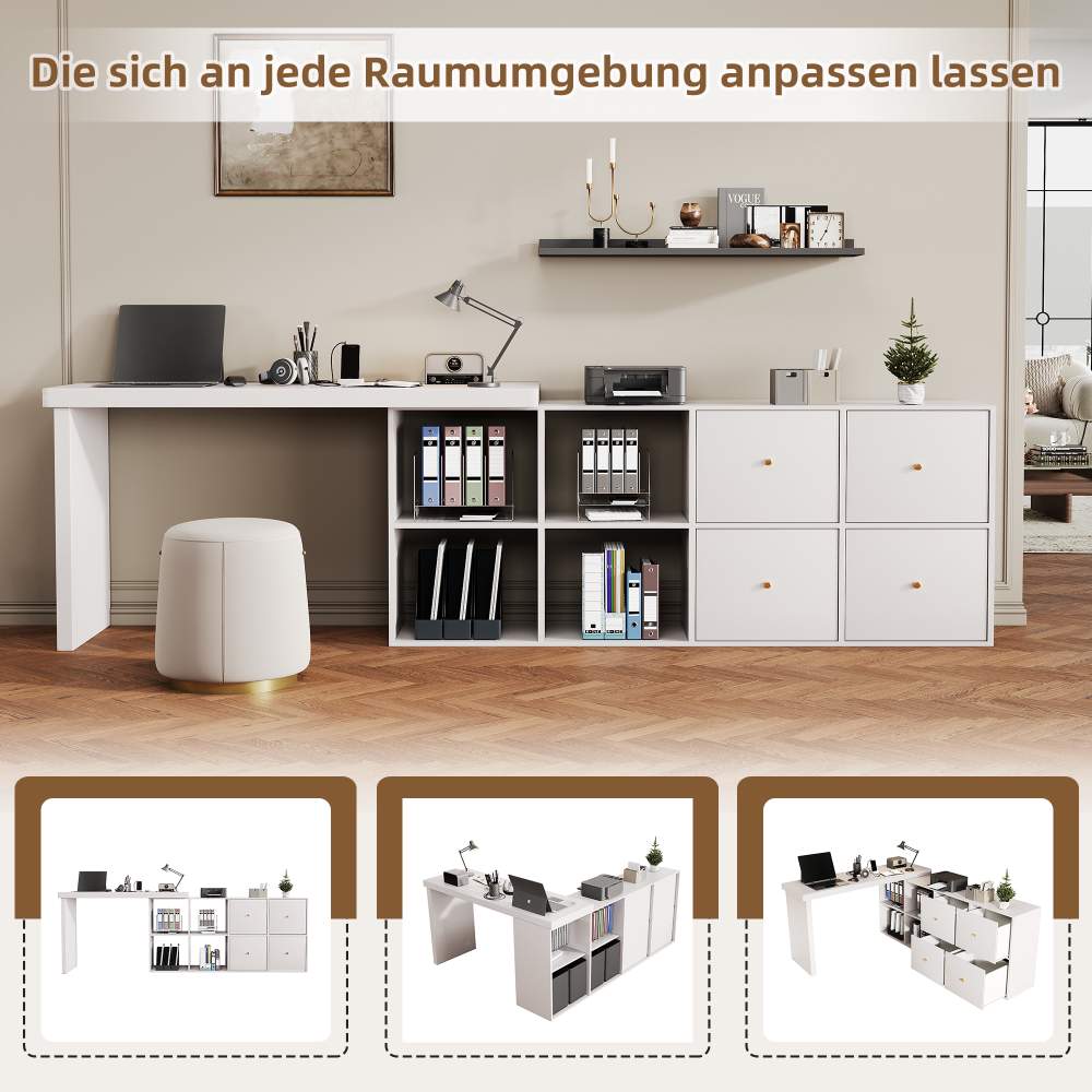 Bureau d’angle 360° pivotant en MDF robuste 4 cm avec 4 tiroirs et 4 compartiments – modulable en L ou droit, espace rangement optimisé - 3