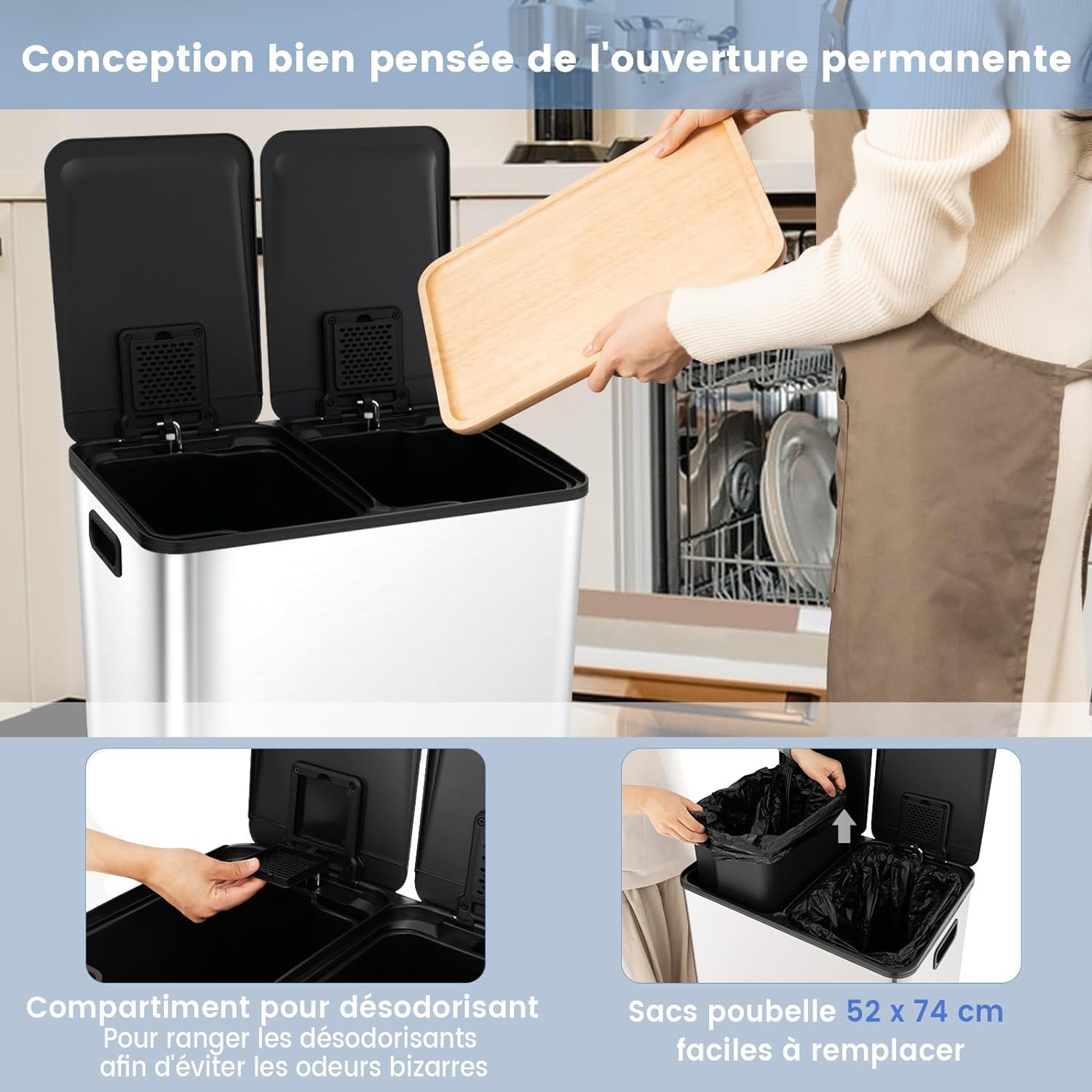 Poubelle Double Compartiments 2 x 30L, Fermeture en Douceur, Casier pour Désodorisant - 3
