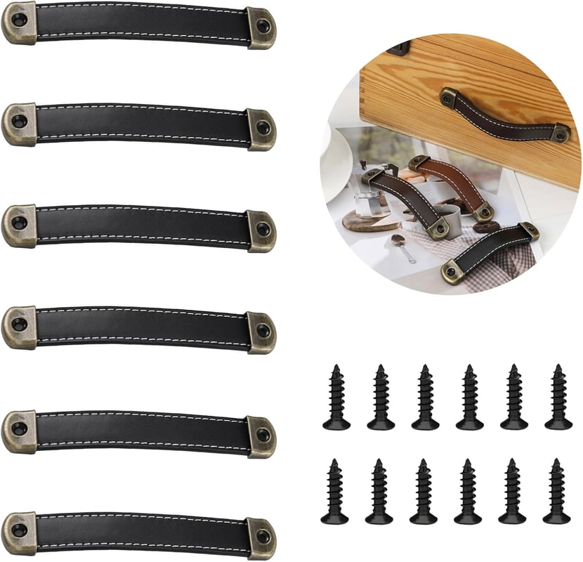 6 czarnych skórzanych uchwytów meblowych – naturalna elegancja w kuchni i łazience