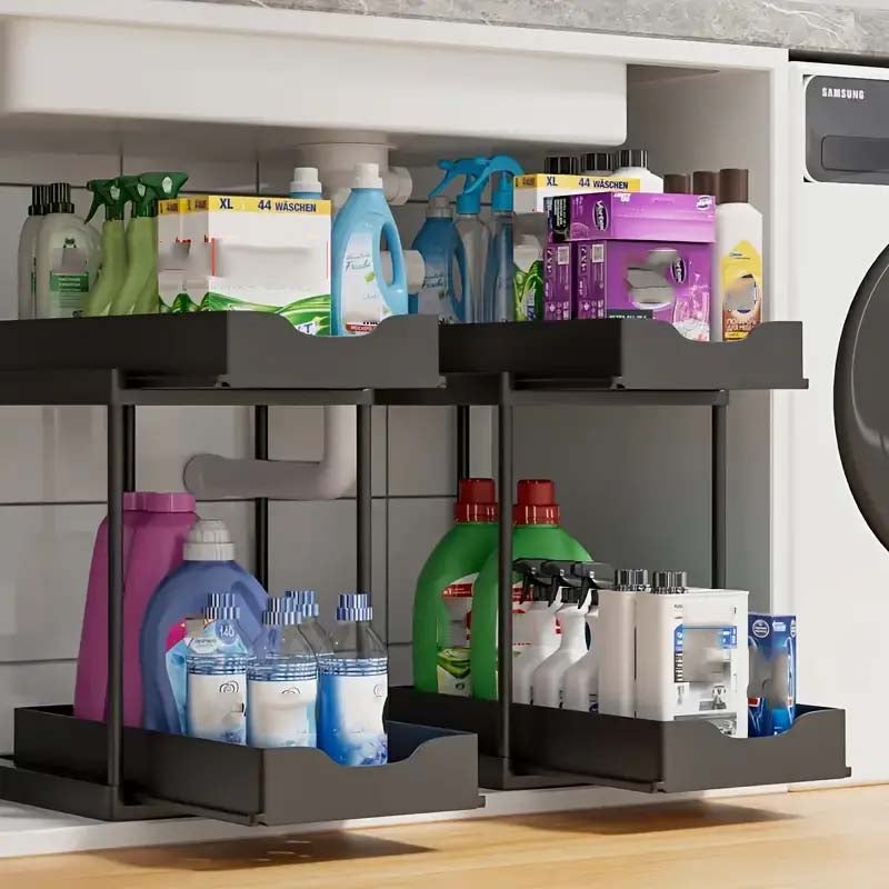 Organisateur sous-évier 2 niveaux coulissant blanc plastique durable, rack H avec roulettes, rangement cuisine salle de bain, épices, ustensiles - 8