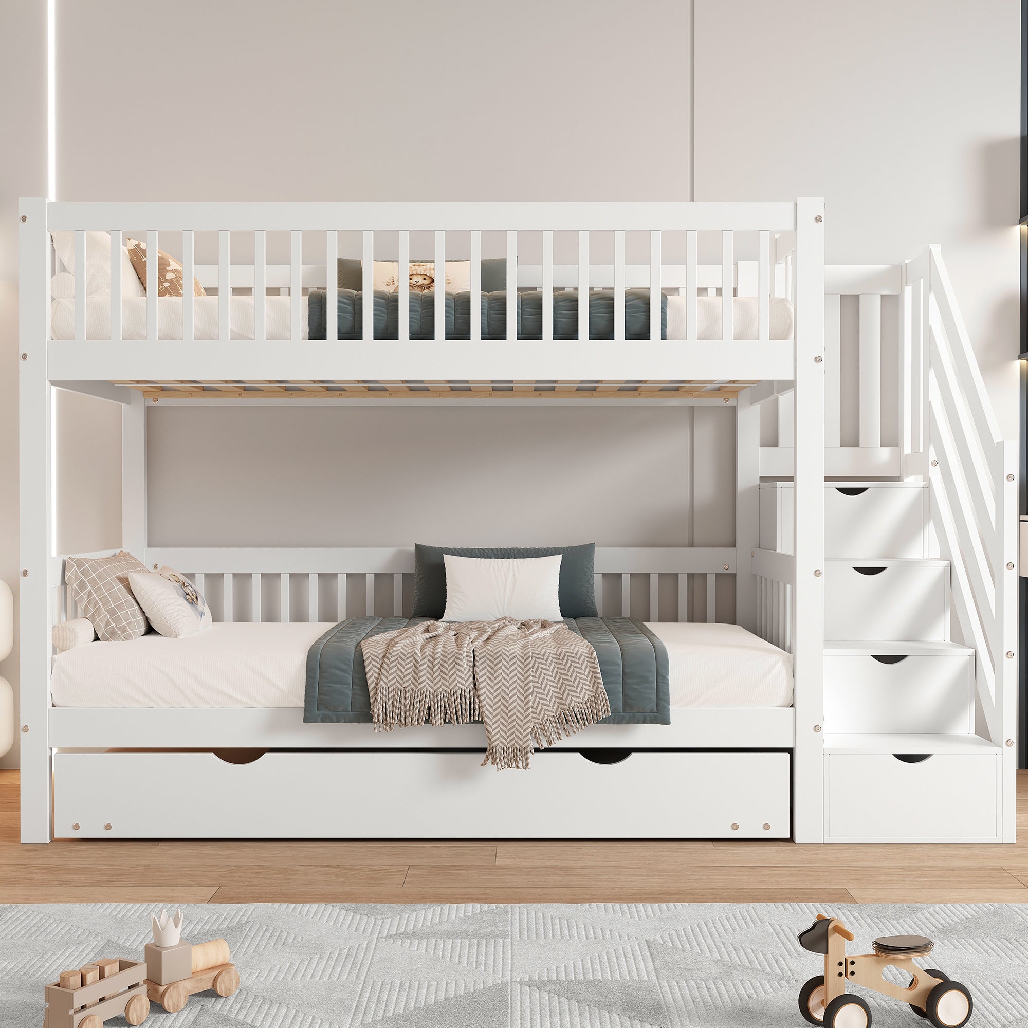 Łóżka piętrowe 2 x 90 x 200 cm + łóżko wysuwane 90 x 190 cm - 3 szuflady i schodki - sosna + płyta MDF - kolor biały (Materace nie są wliczone w cenę) - 2