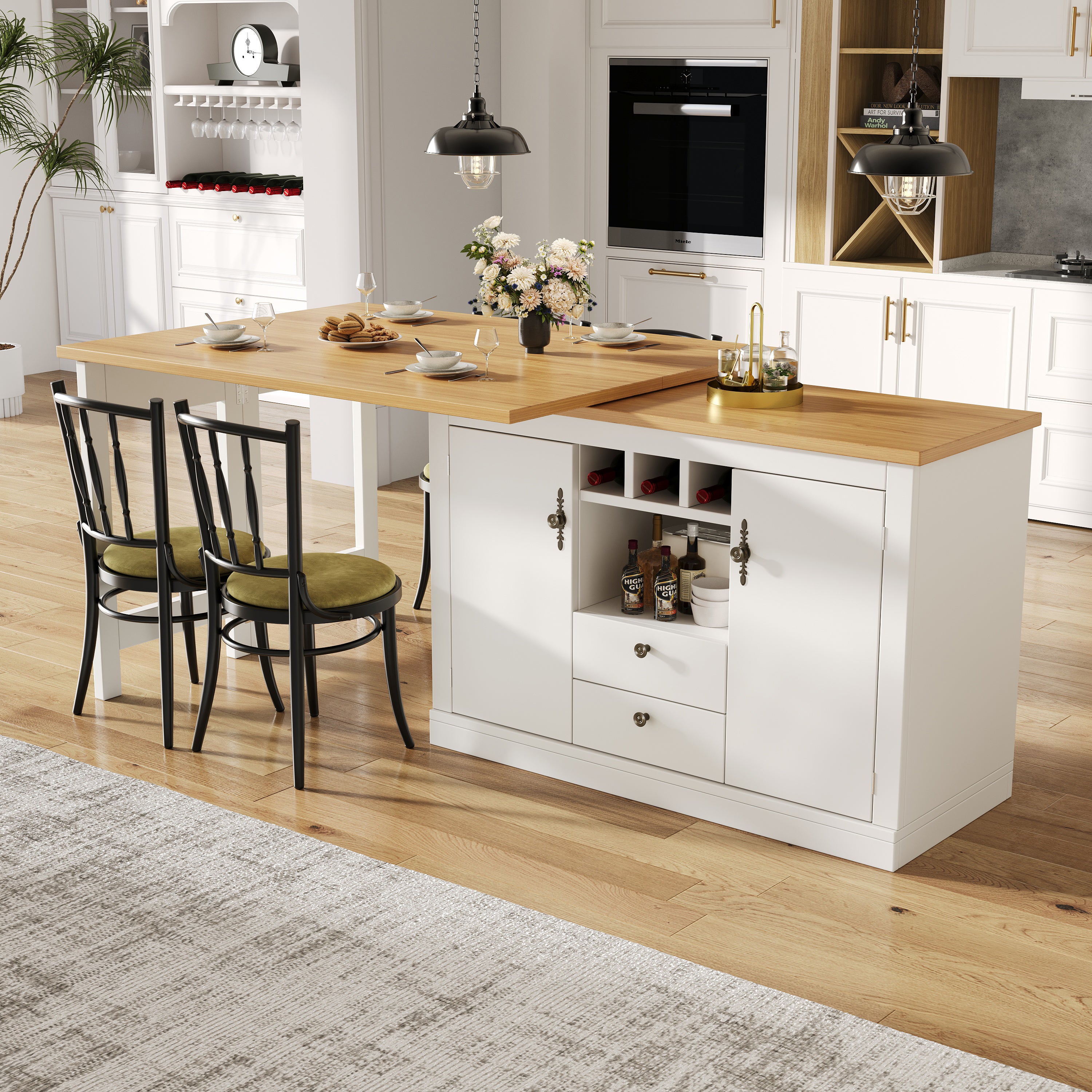 Rozkładany barek kuchenny - obrót 360° - duży stół - 180x79,5x71,5 cm - 2 szuflady i 2 drzwi - 3 półki na wino - biały