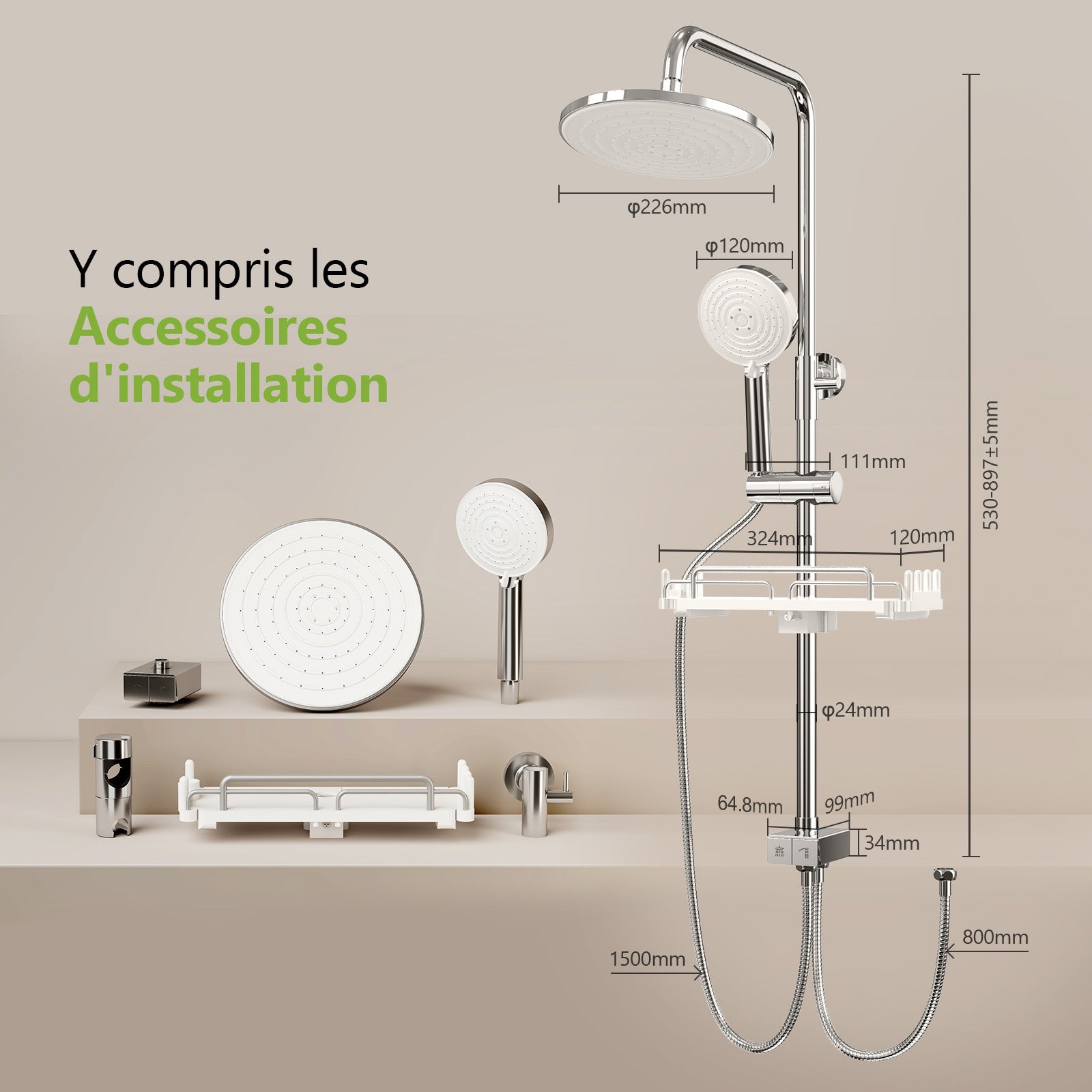Colonne de Douche sans Mitigeur – Ensemble Complet avec Douchette, Tête Pluie 3 Jets et Tablette Rétractable – Chrome – Design Moderne - 7