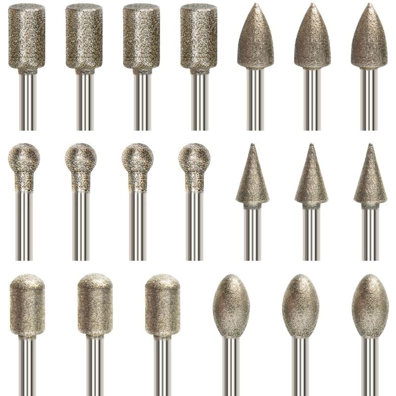 Zestaw 20 frezów rotacyjnych diamentowych, wierteł do grawerowania z trzpieniem 3 mm (1/8"), wiertła diamentowe