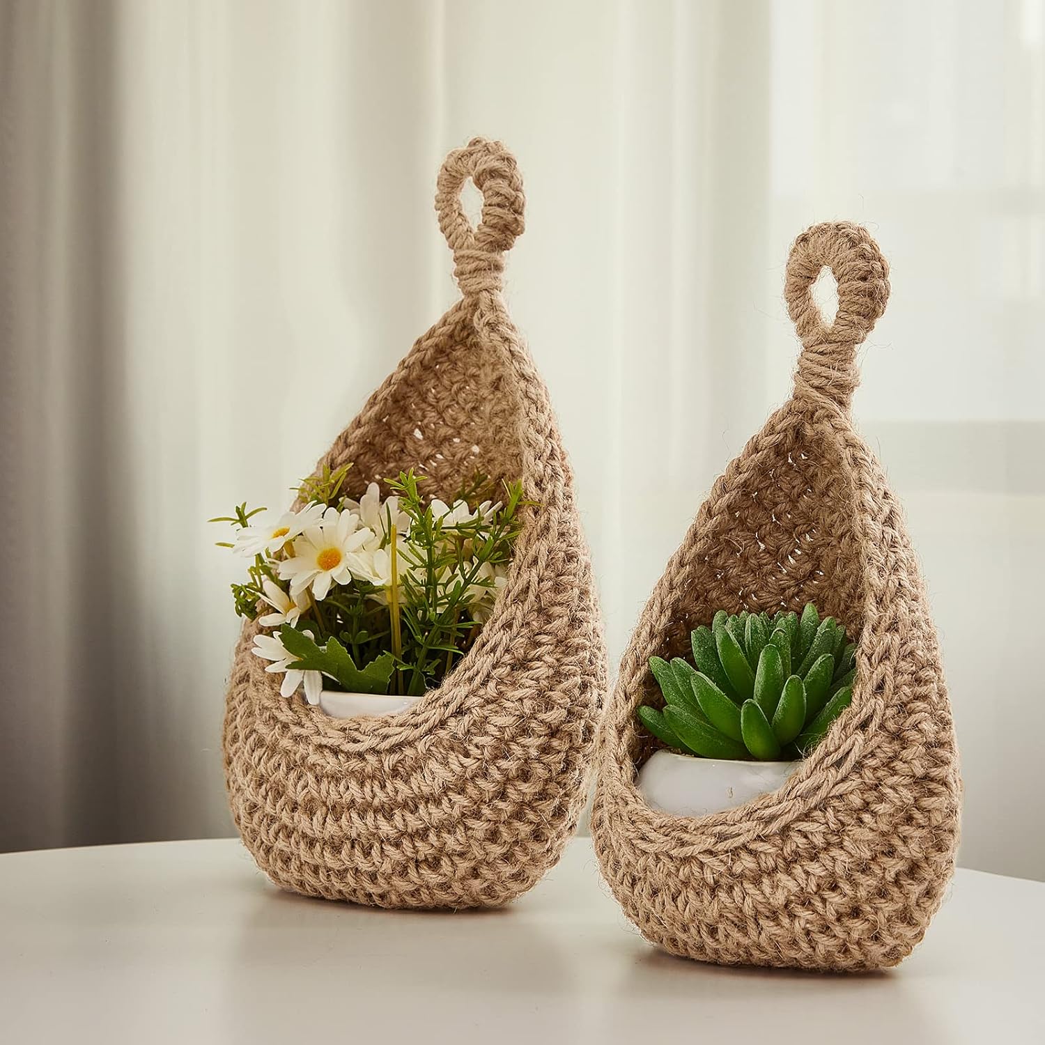 Paniers muraux suspendus style bohème pour la cuisine, lot de 3 paniers en forme de goutte avec crochets, pour ranger fruits, oignons, légumes，cotton - 5