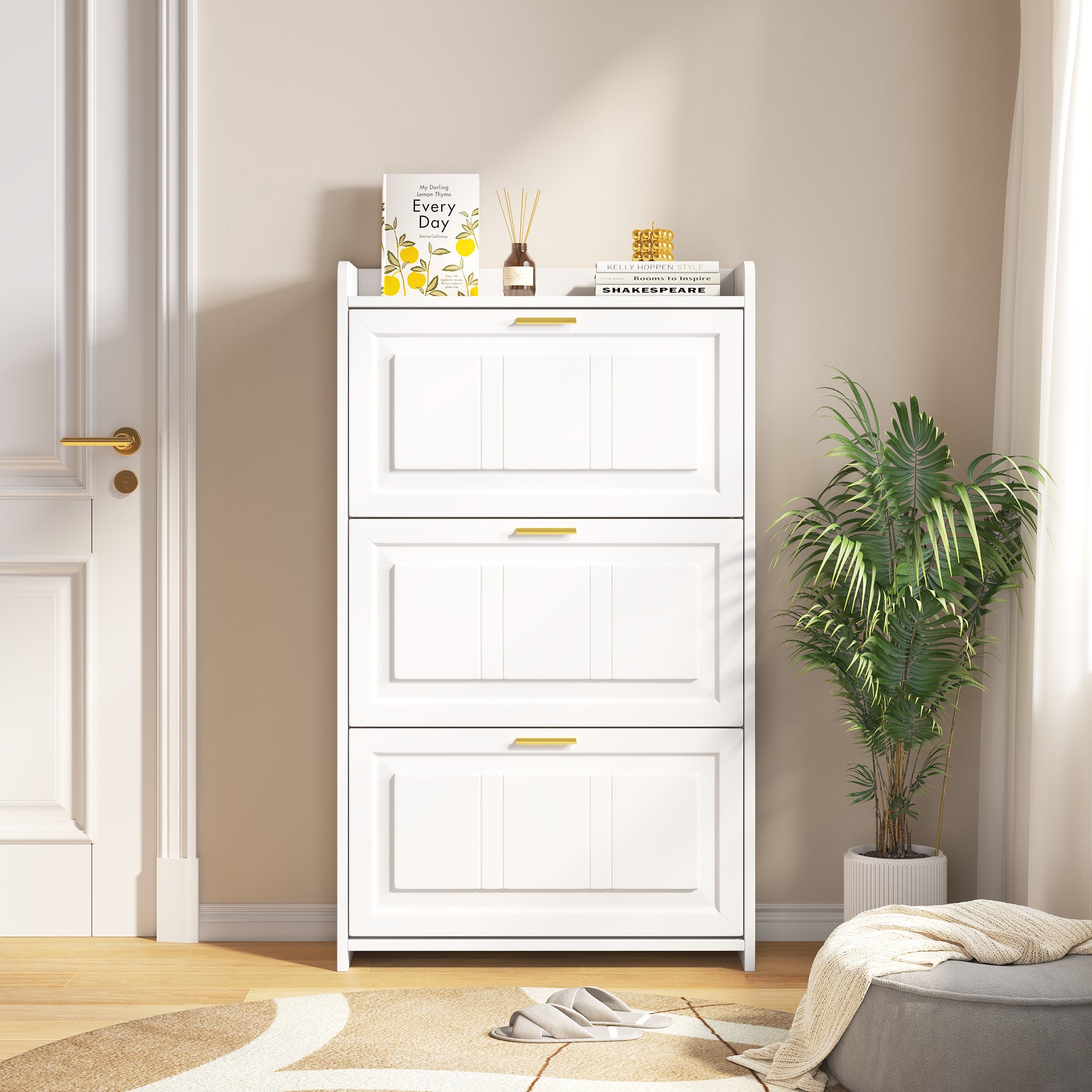 Meuble à chaussures avec 3 portes rabattables - 70 x 24 x 120 cm - MDF et panneaux de particules - Blanc - 5