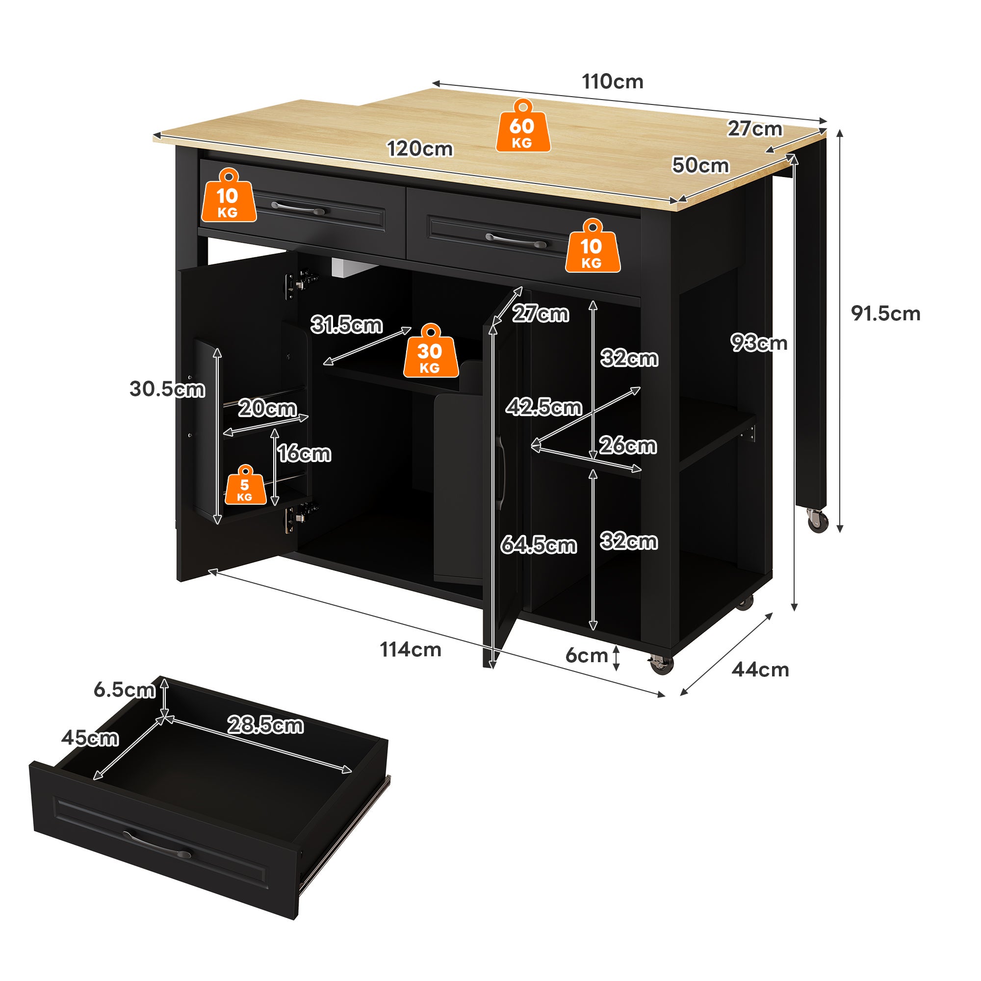 Isola cucina con tavolo bar estensibile - 2 ante, 2 cassetti e 4 scomparti - Porta di ricarica - 120 x 50/77 x 93 cm - MDF - Nero - 6