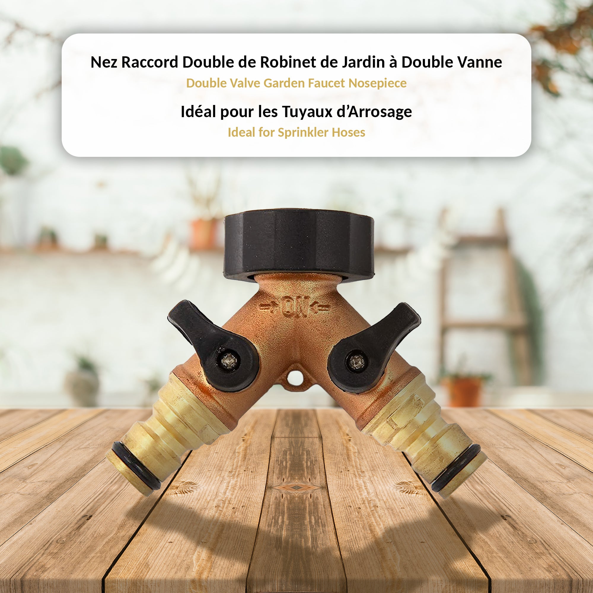 Raccordo doppio per rubinetto da giardino con valvole, Attacco doppio maschio, Raccordo d'innaffiatura a Y, 2 vie, Ideale per il tubo da giardino - 3