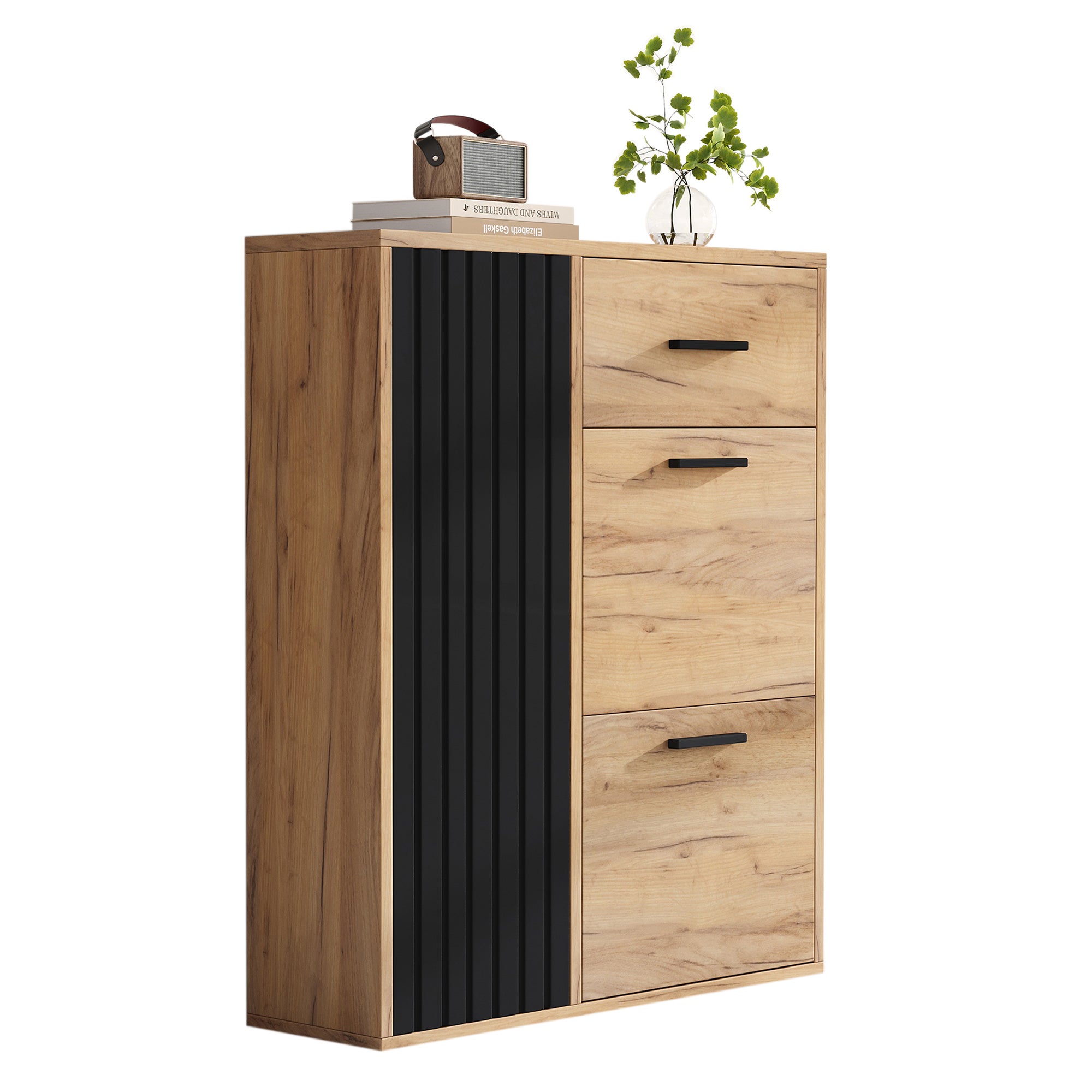 Scarpiera 80x24x95,5cm - con 2 ante a ribalta - con 1 cassetto e 1 anta - Naturale + Nero - 5