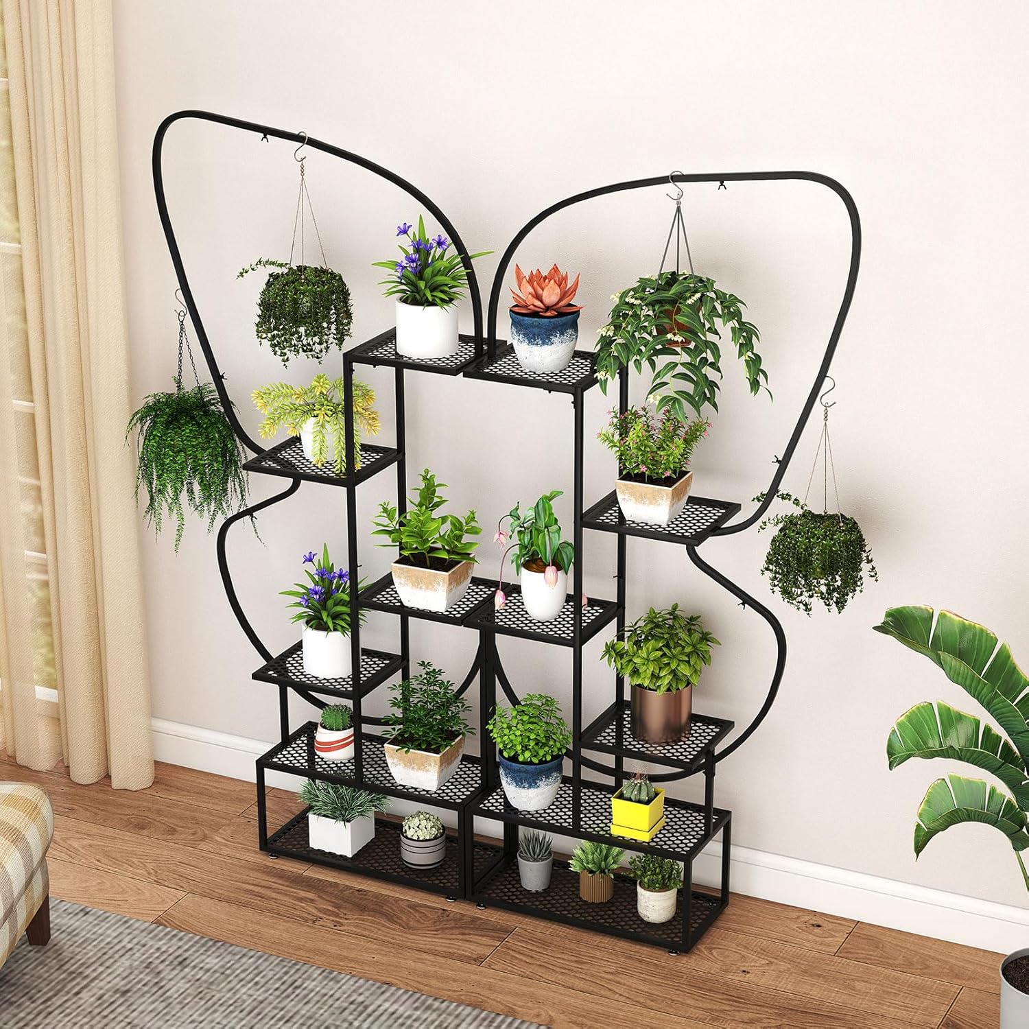 Support pour Plantes en Métal à 6 Niveaux, Étagère à Fleurs avec 12 Tablettes Métalliques 4 Crochets Forme Papillon, 56 x 26 x 185 cm, Noir - 9