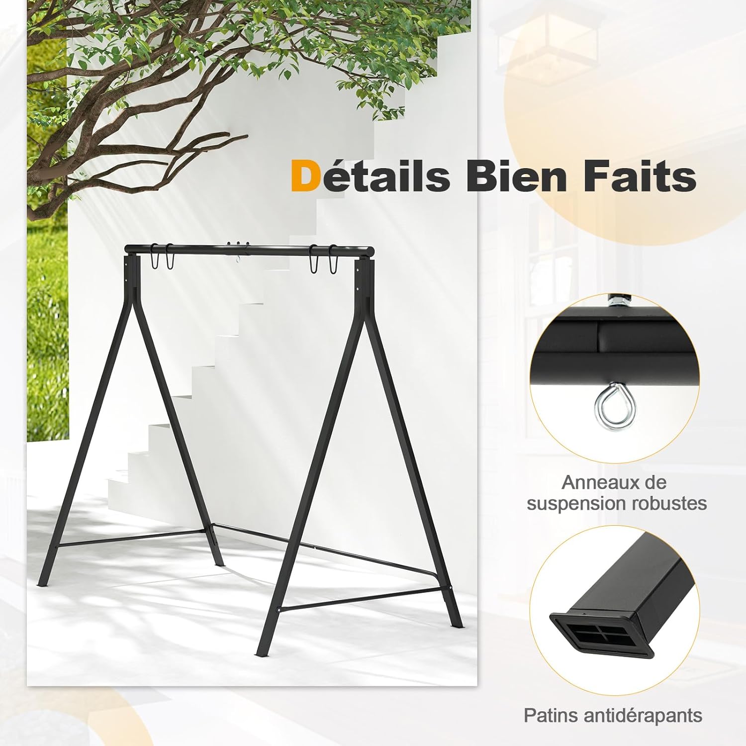 Estrutura giratória metálica com 5 anéis de suspensão, suporte giratório em forma de A com almofada antiderrapante, 210 x 115 x 175 cm - 7