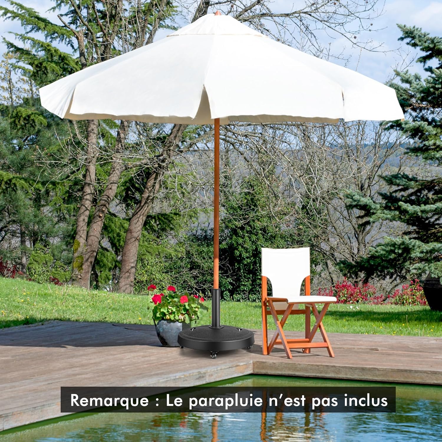 Pied de Parasol sur roulettes φ52CM 23KG, Socle Parasol Extérieur en Résine avec 2 Poignées Rétractables, pour Poteaux de Parasol 38/48 mm - 9