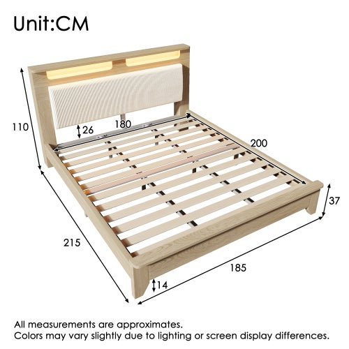 Lit adulte Lit double 180x200 cm avec tête de lit rangement et éclairage LED - Rétro en tissu - Structure bois -beige - 5