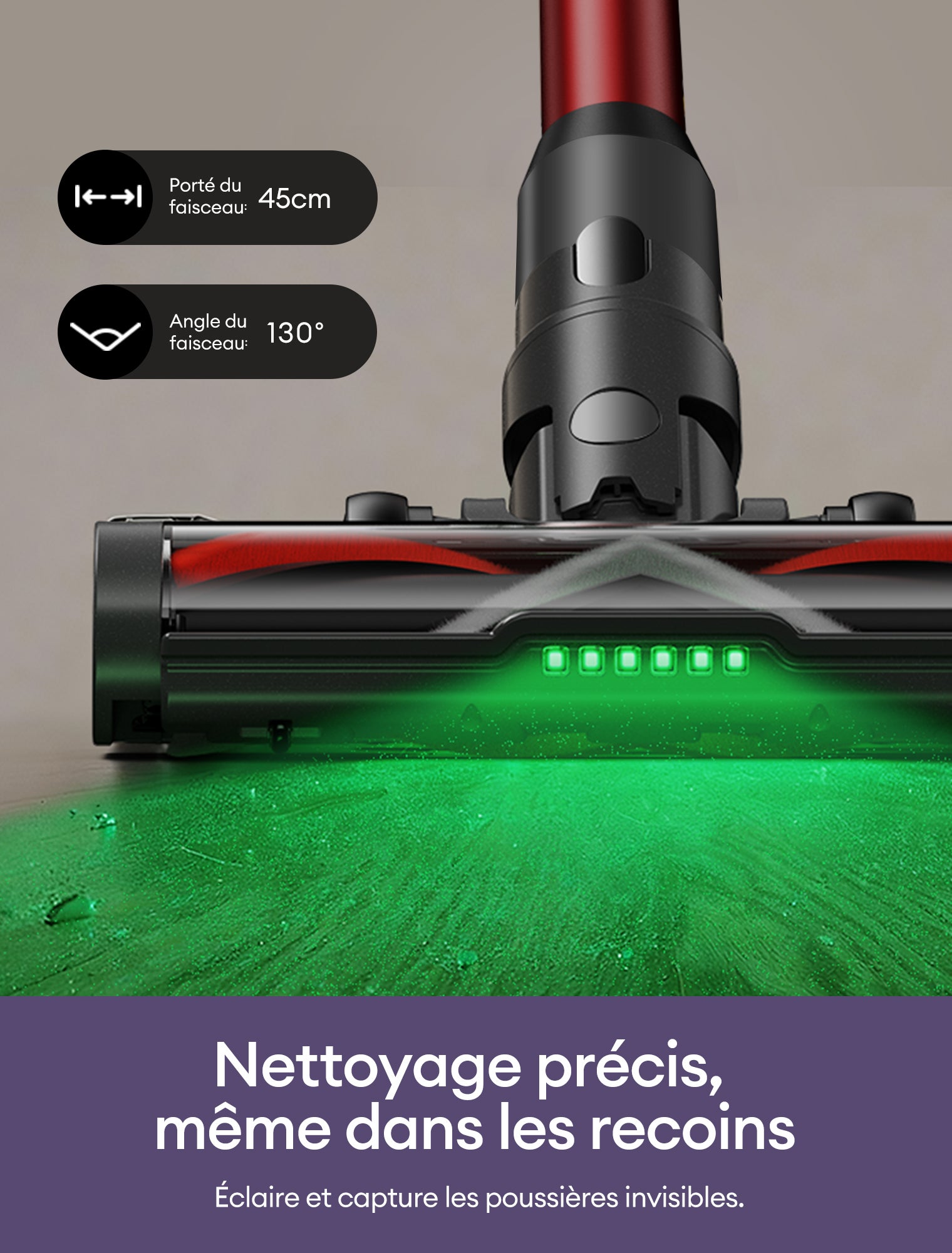Aspirateur Balai sans Fil UI8 PR0, 600W, 70Kpa, Autonomie 80 min, brosse anti-emmêlement, Écran LED, Tube flexible, GreenEye, Gris et Rouge - 4