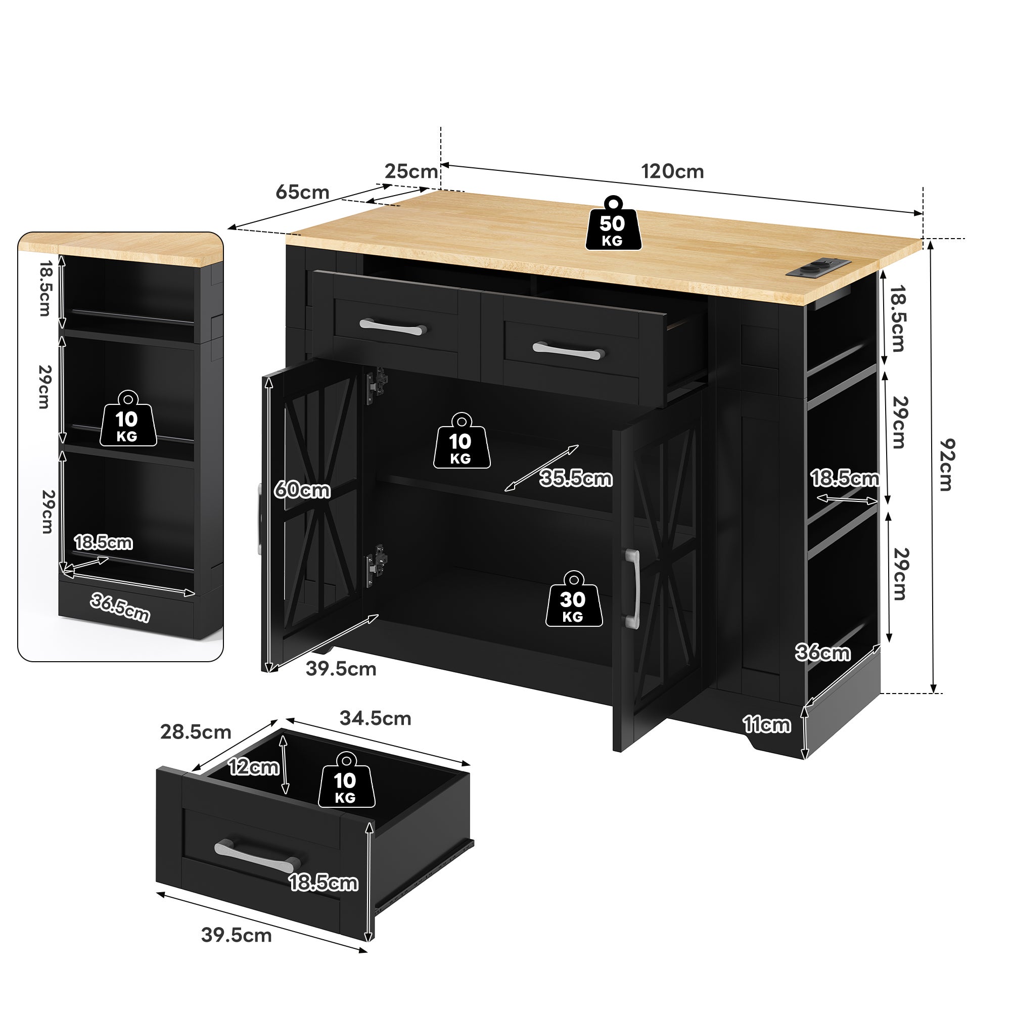 Mobilna wyspa kuchenna - z USB - rozkładany blat - 2 szuflady i 2 fronty - MDF - Czarny - 5