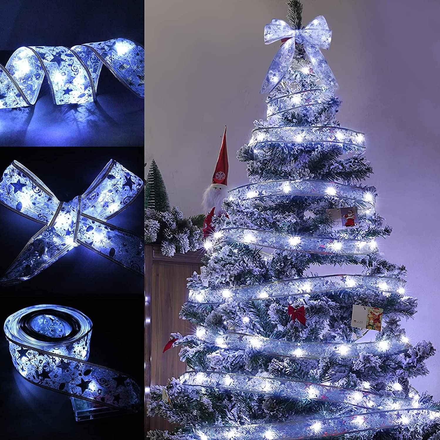 10 M 100 LED Lampki wstążkowe na choinkę, Świecące girlandy wstążkowe, Wstążka LED na choinkę, Lampki wstążkowe świąteczne, Kokarda koronkowa