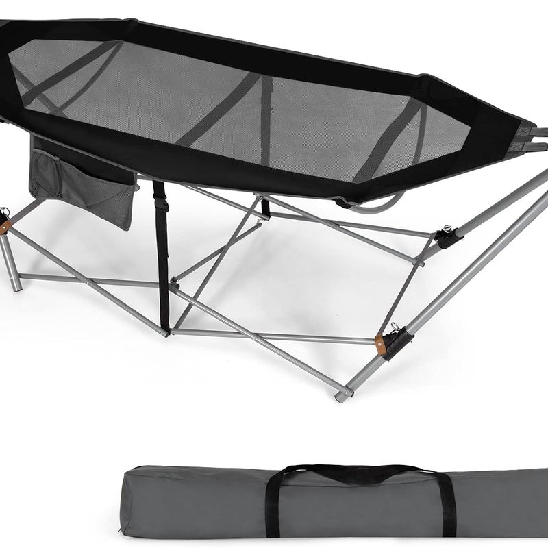 Składany Hamak Przenośny z Boczną Kieszenią, Nośność 150 kg, Łóżko Kempingowe z Metalowym Stelażem, z Czarną Torbą Transportową