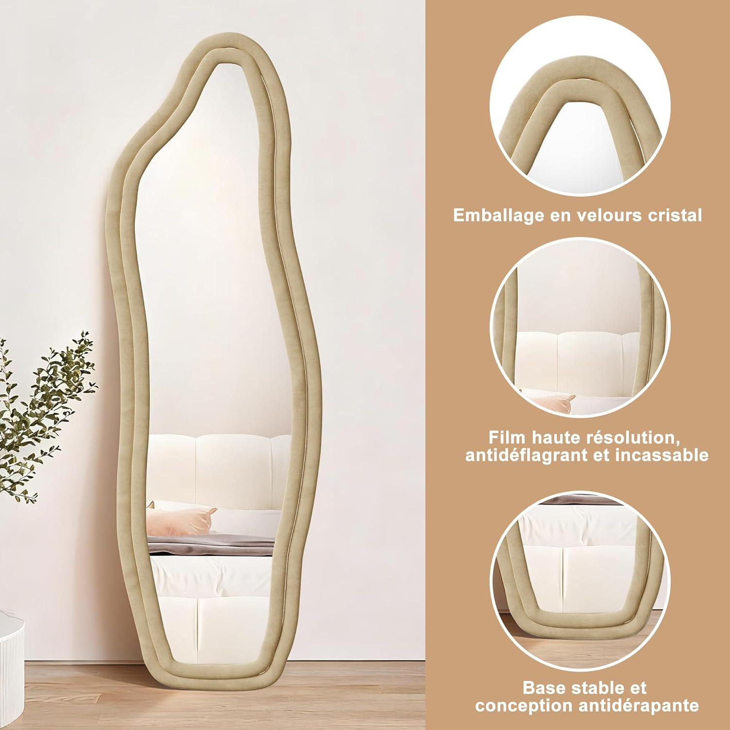 Grand Miroir jaune160x50 cm, Miroir sur Pied au Mural ou à Suspendre, Miroirs Organique avec Support en U, Miroir pour Dressing - 7