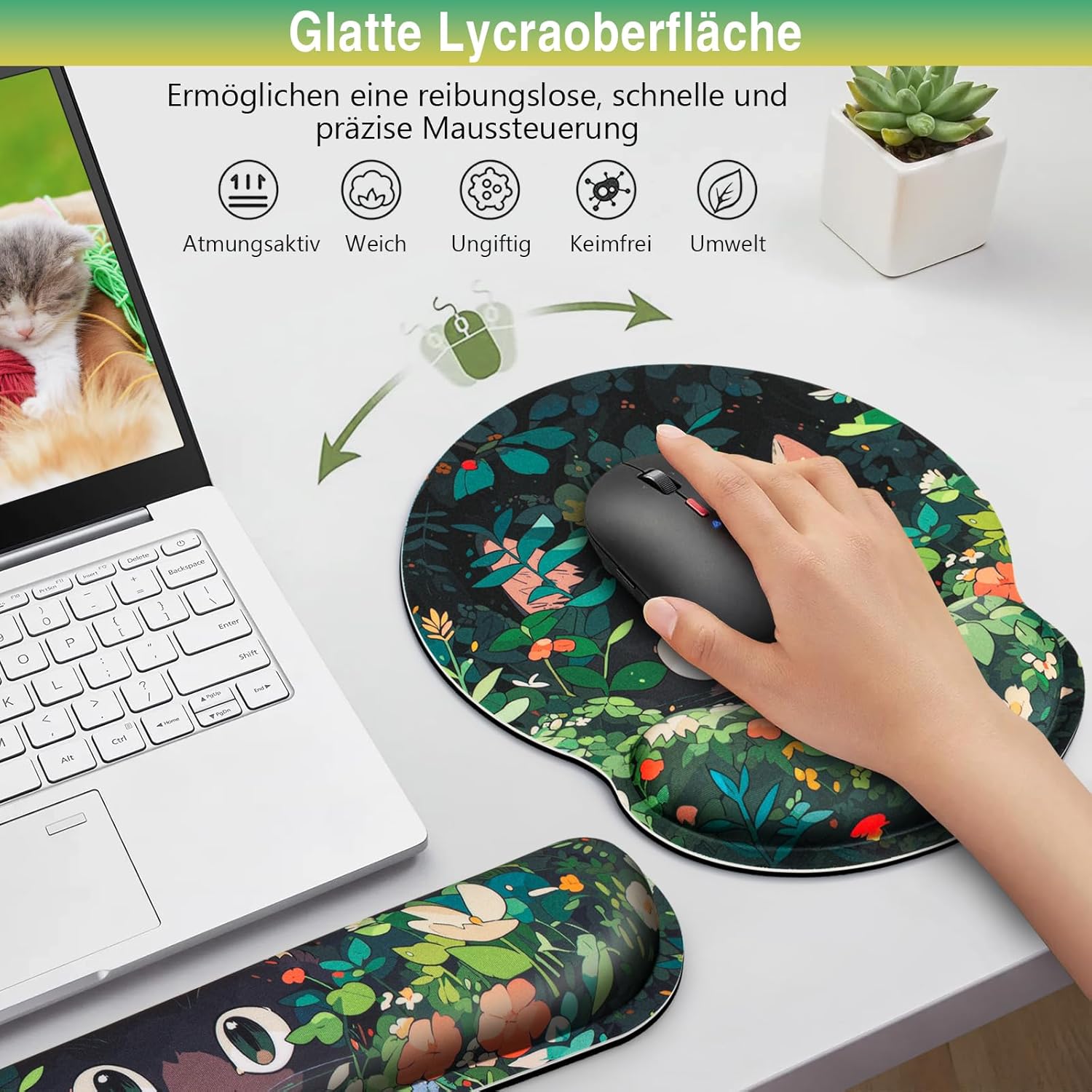Podkładka pod mysz 3 w 1 z żelową poduszką, ergonomiczna podkładka pod nadgarstek pod klawiaturę + podkładki antypoślizgowe z pianką memory (Koty) - 4