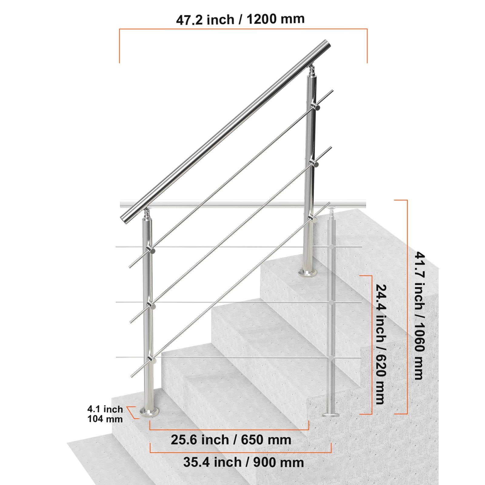 Rampes extérieures SucceBuy 47,2 po,3 barres transversales,design double colonne,rampes inox avec kit d'installation. - 2