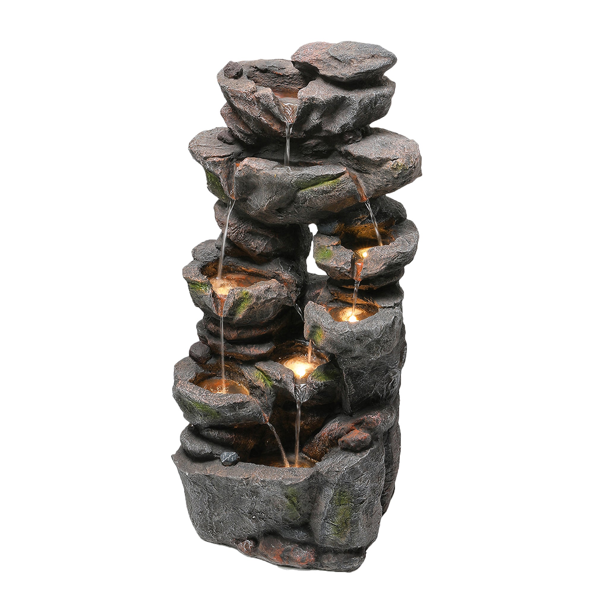 Fontaine de jardin LED décorative avec pompe 16 W - Résine effet pierre naturelle - 46 x 36 x 90 cm - Gris - Idéale terrasse, jardin ou balcon - 8