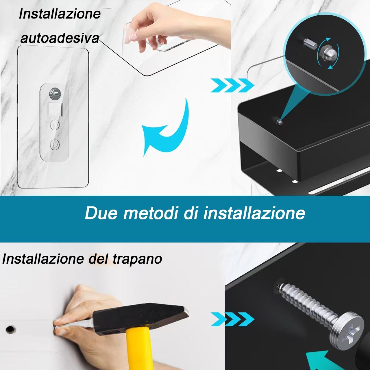 Aluminiowe półki ścienne pod prysznic - bez wiercenia i wkręcania, 2 sztuki, 7 × 31 × 9 cm, schowek łazienkowy z wyjmowanymi haczykami - 3