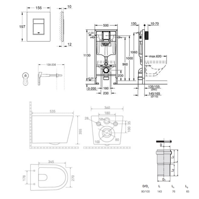 Grohe Rapid SL Pack WC bâti-support + WC suspendu sans bride avec abattant SoftClose Ceramia + plaque (GRRCE14WT01-FR) - 5