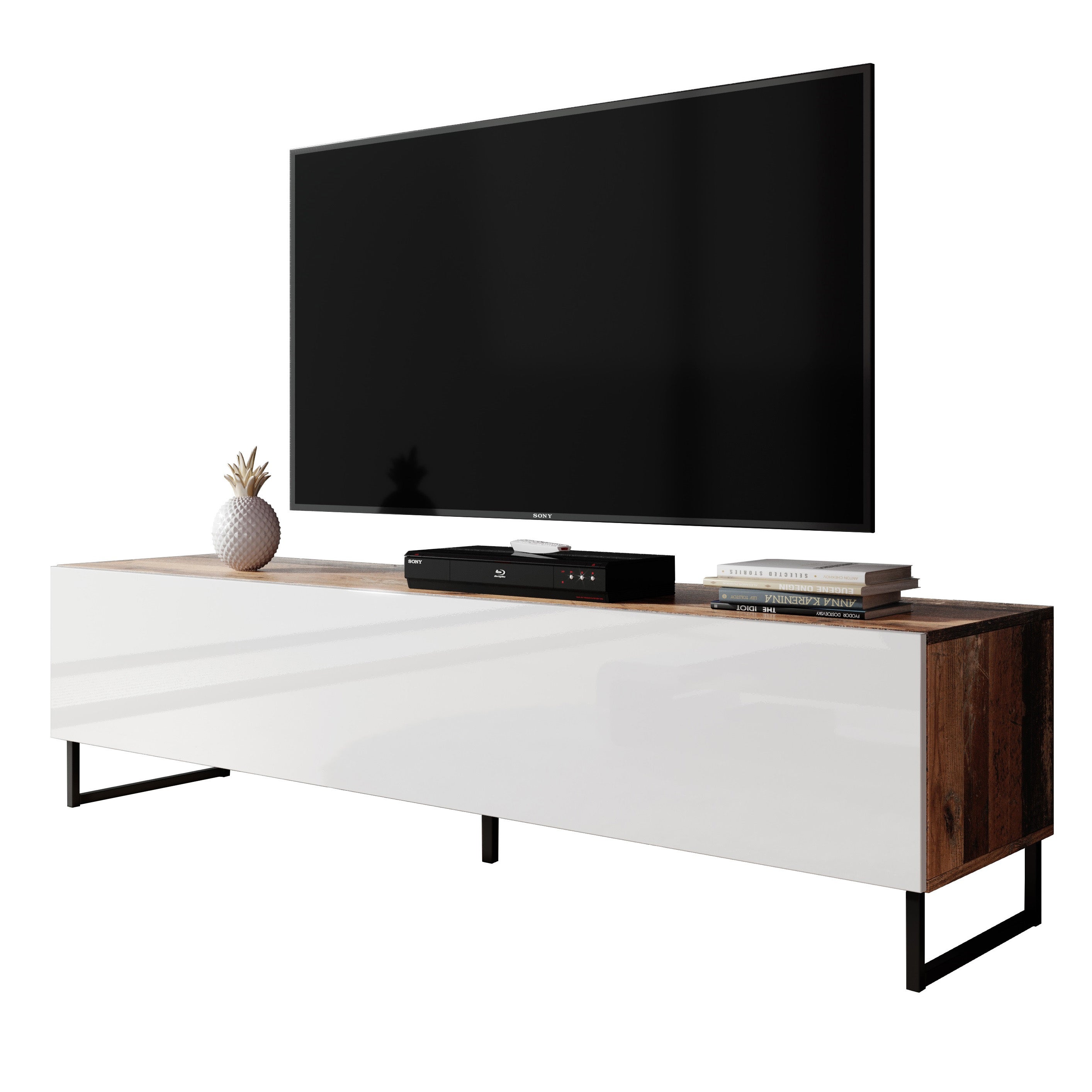 Meuble TV FURNIX Arenal 140 Cm - Blanc Et Noir Brillant - Style Moderne - Neuf