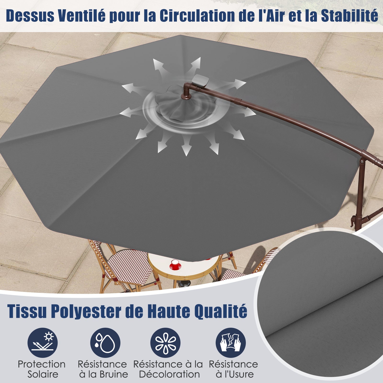 Sombrilla voladiza 3M con luz LED, sombrilla de jardín de 8 varillas con base en cruz, sombrilla grande inclinable con manivela para patio y terraza - 4