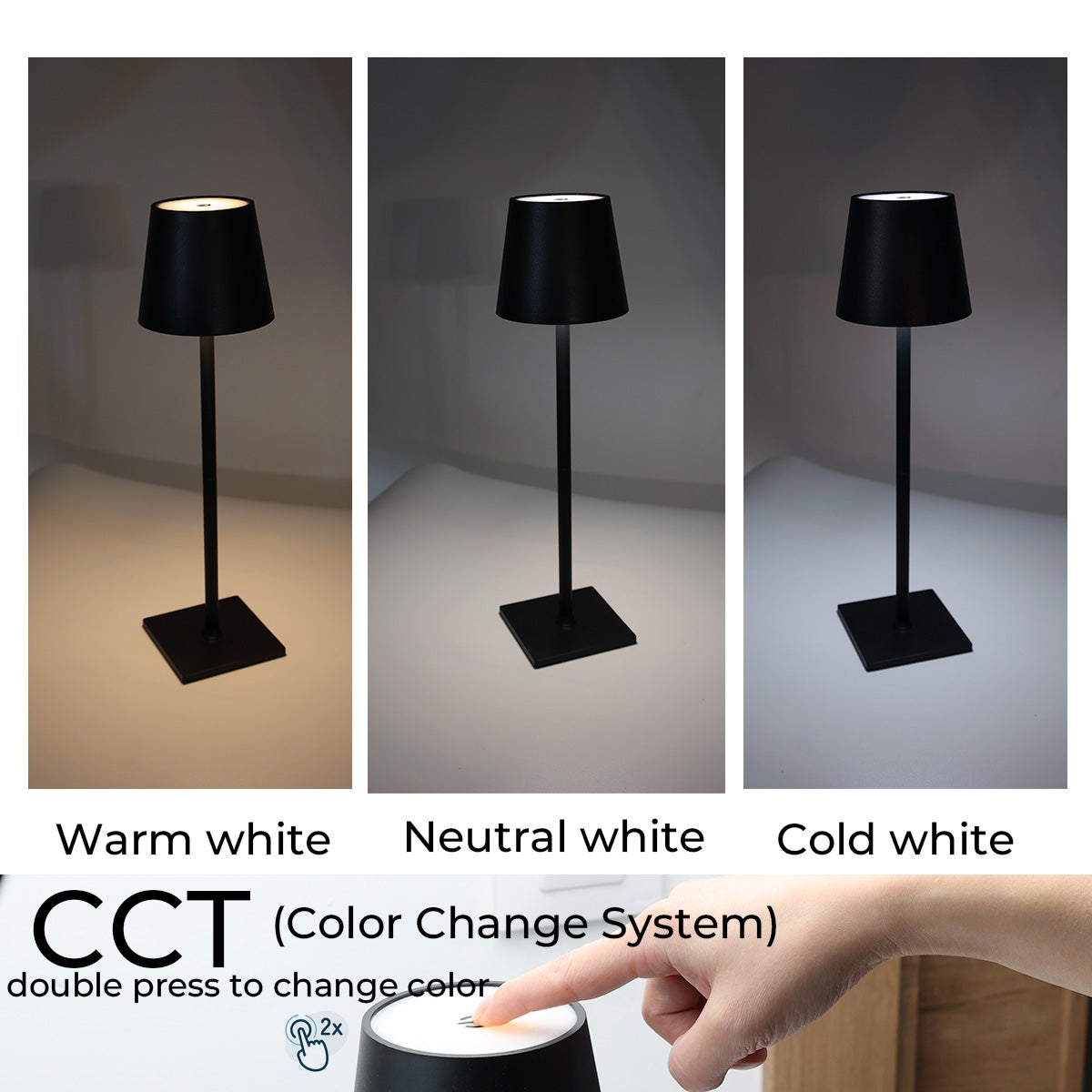 Lámpara de Mesa Recargable Portátil LED CCT 3000K-4000K-6000K en Aluminio, IP44, 1.5W, Táctil con Intensidad Regulable - 3